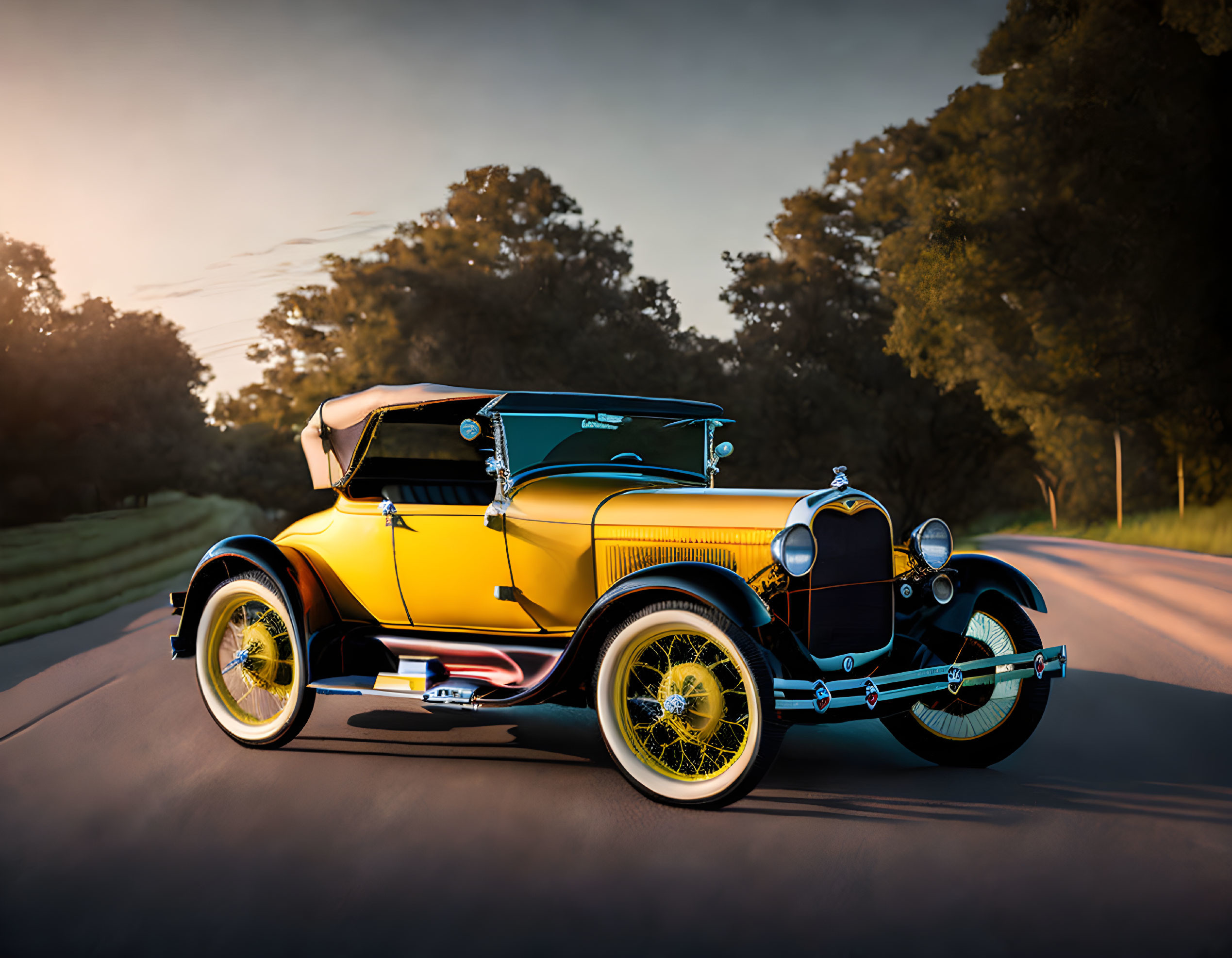 Vintage yellow convertible car on road surrounded by trees at sunset