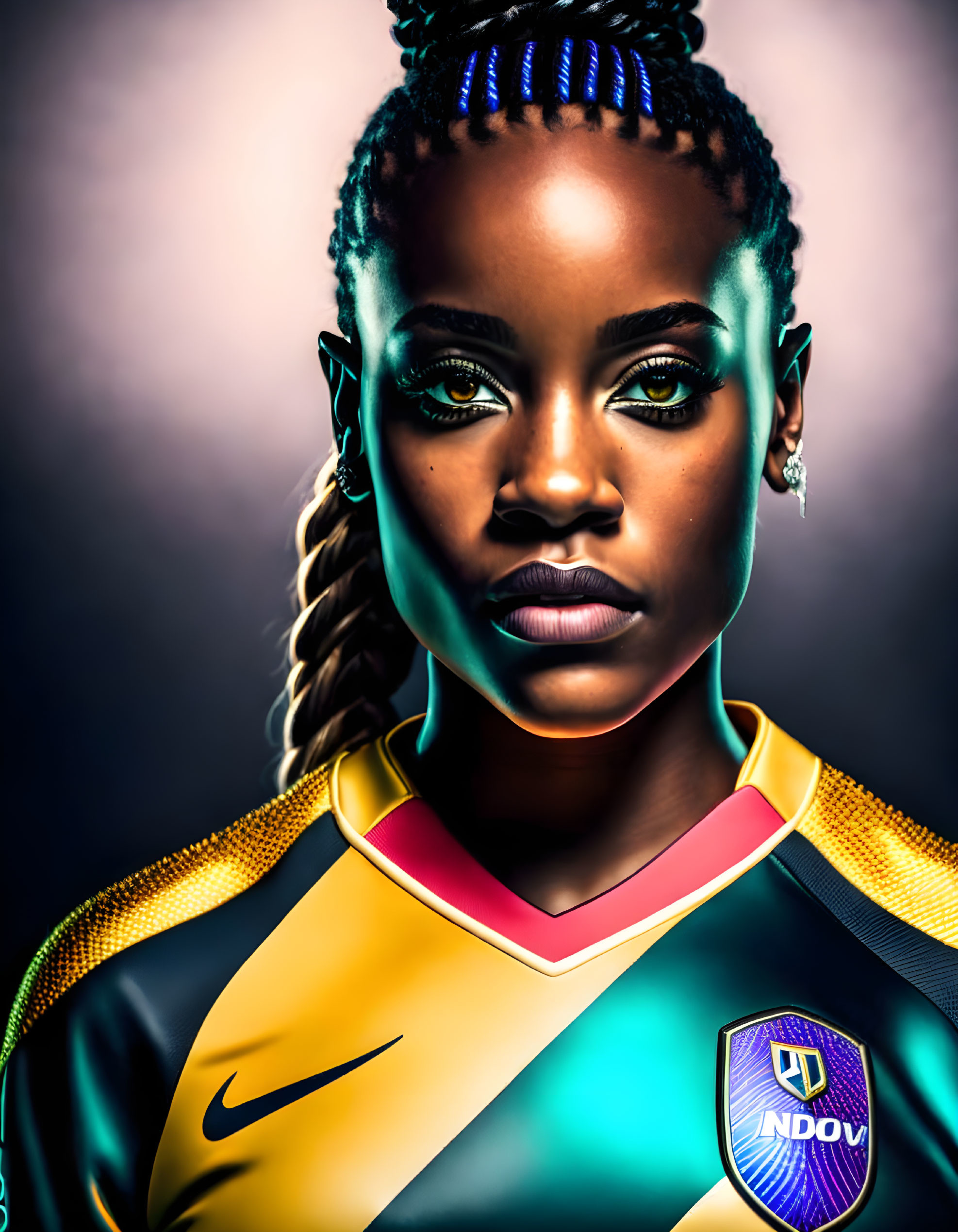 Detailed Braided Woman in Colorful Soccer Jersey with Confident Gaze