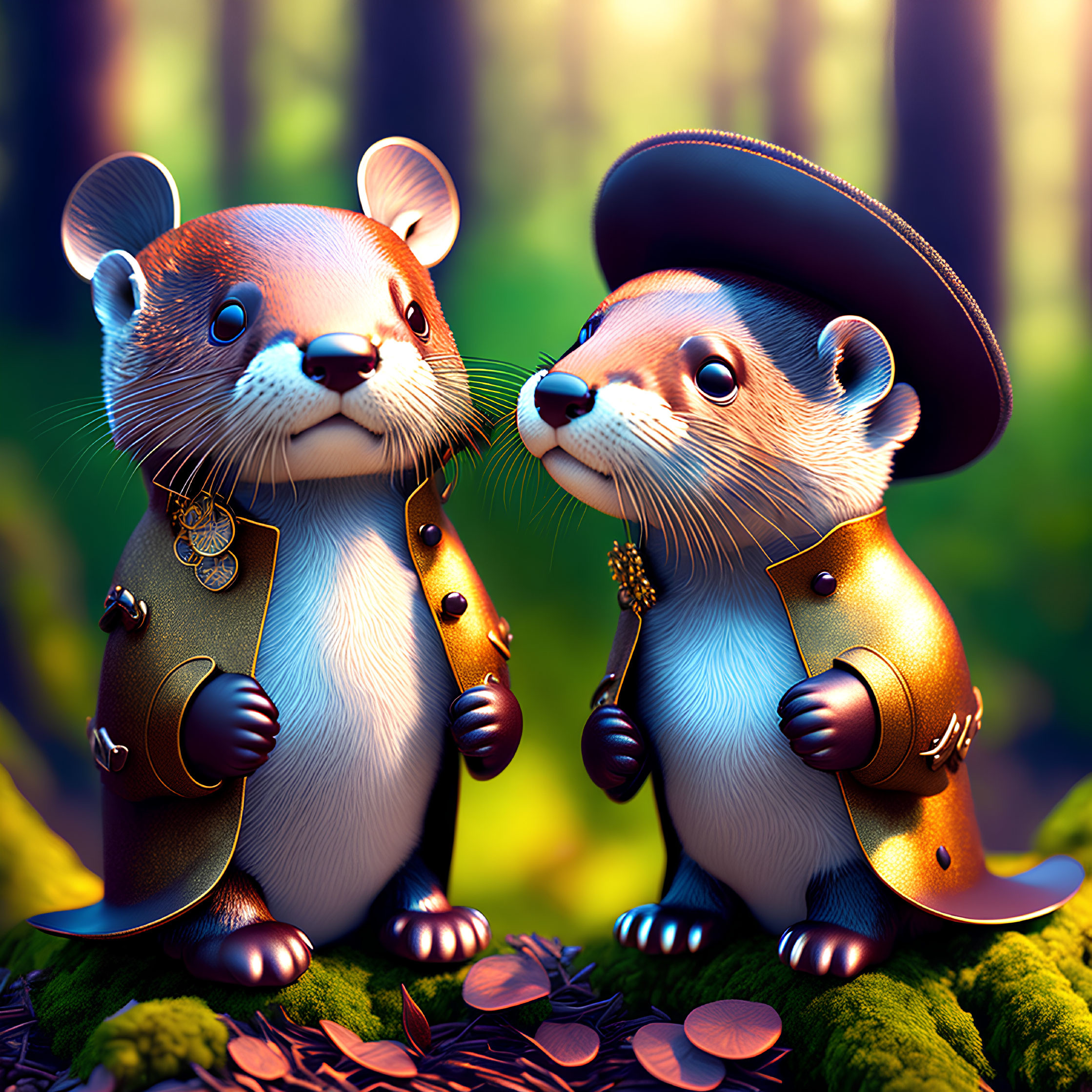 Stylized anthropomorphic otters in vintage attire in sunlit forest