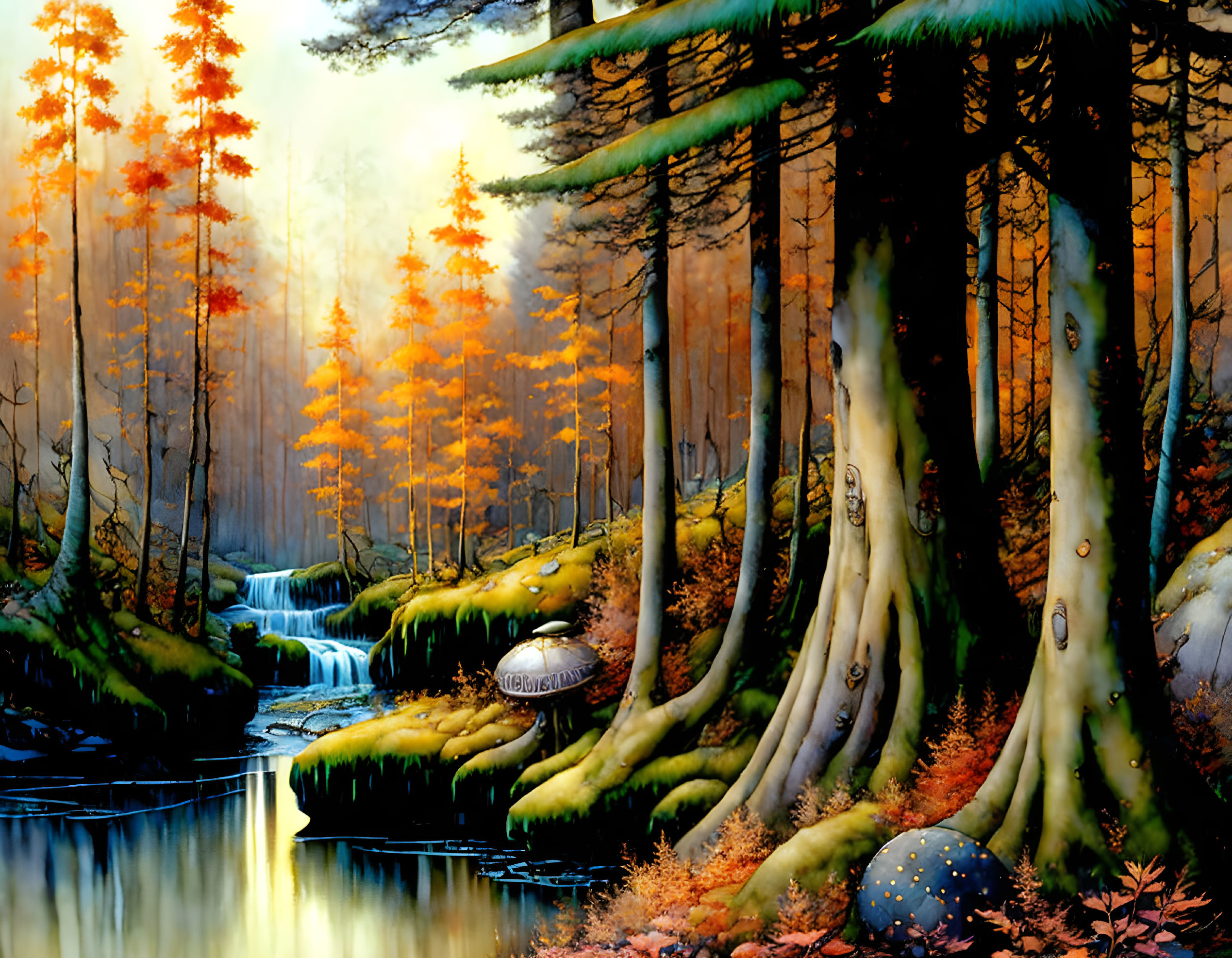 Colorful Autumn Forest with Stream, Waterfalls, Trees, and Toadstools