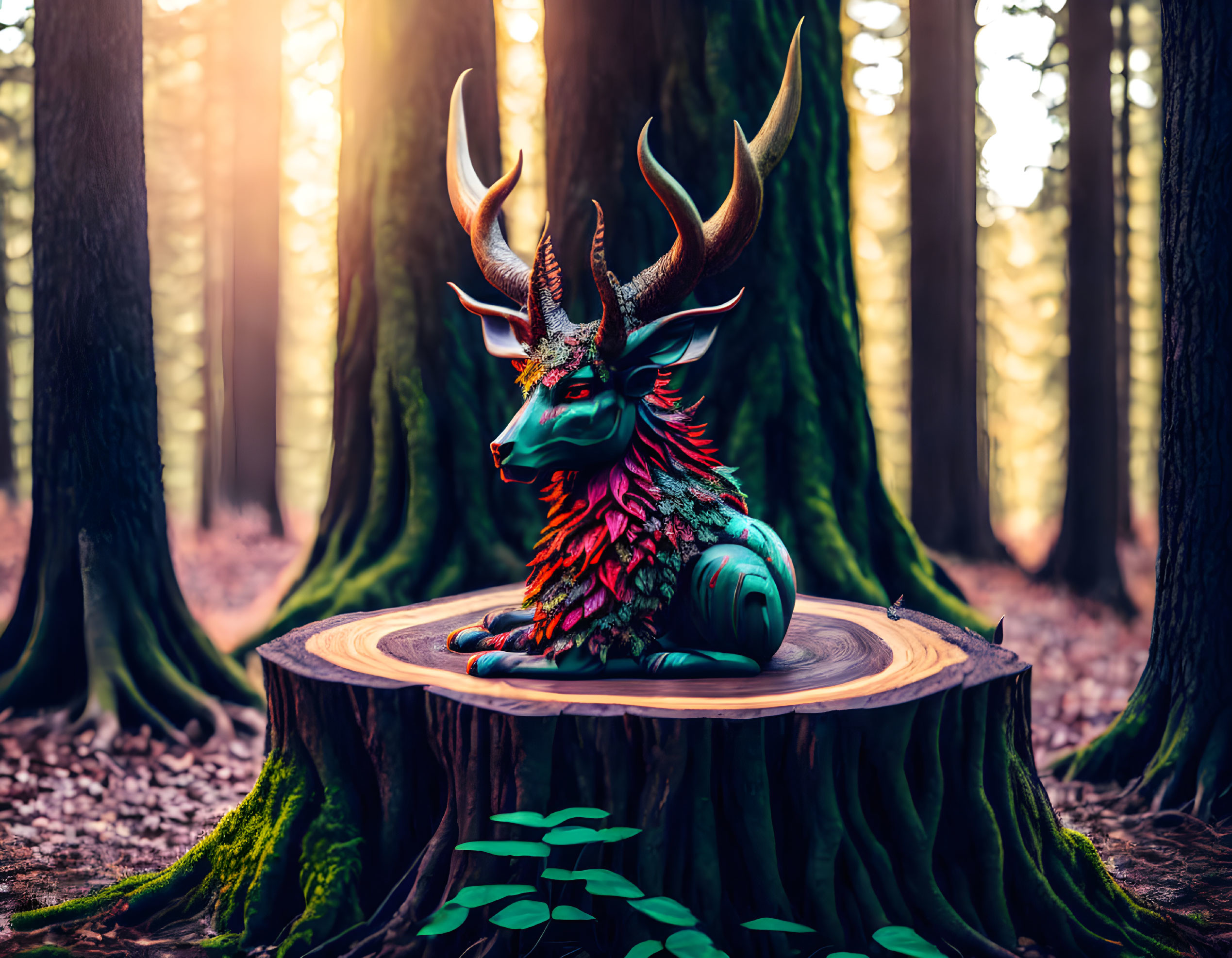 Colorful mythical deer-like creature with elaborate antlers in mystical forest