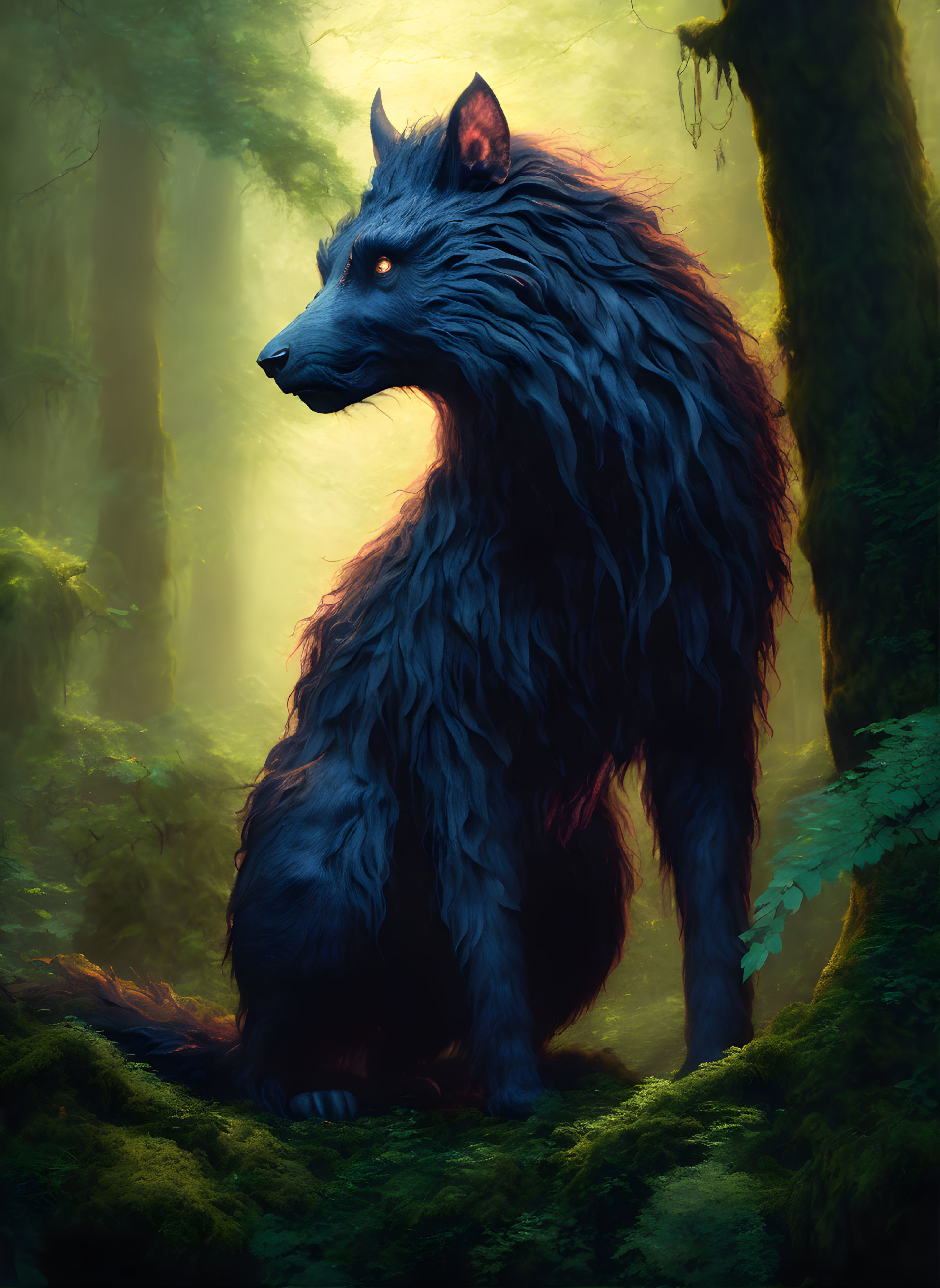 Blue-furred wolf in mystical forest with green foliage and soft light.