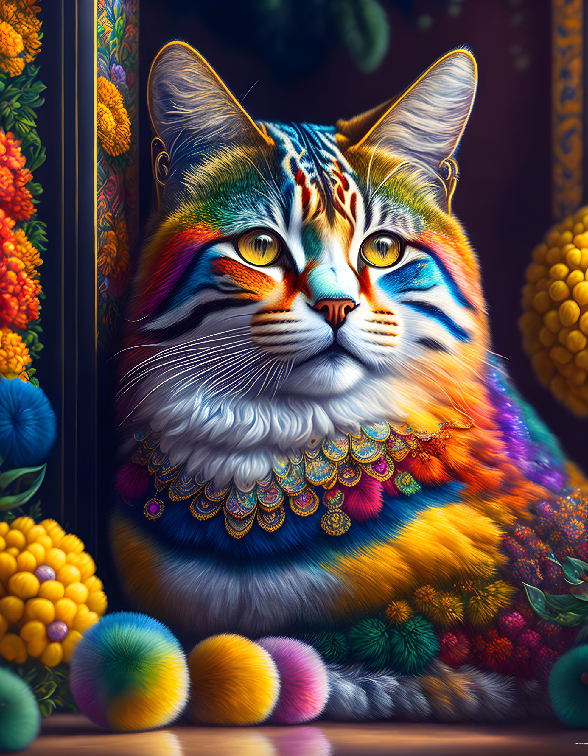 Colorful Stylized Cat with Intricate Patterns and Flowers