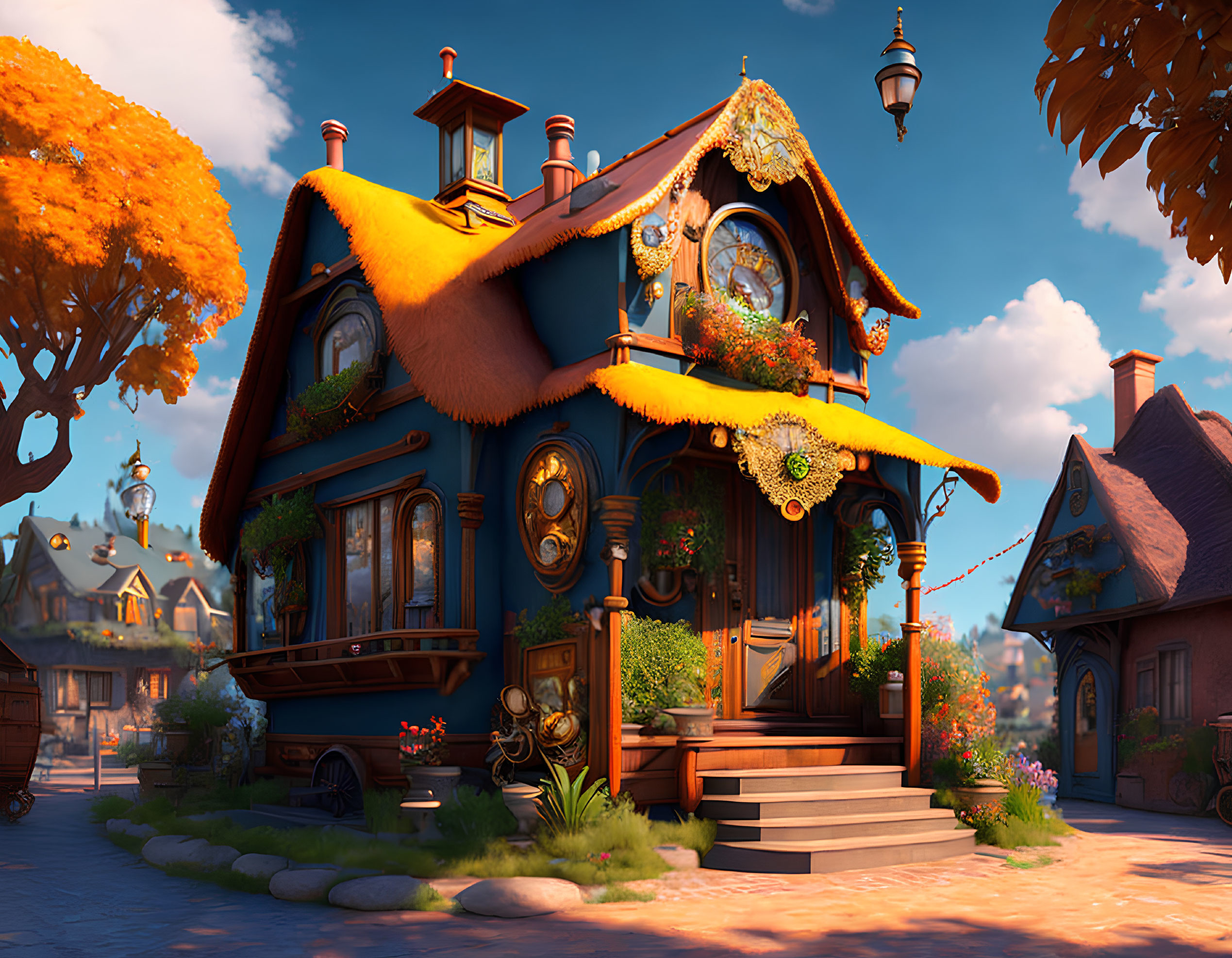 Colorful Illustration of Ornate Blue House with Autumn Foliage