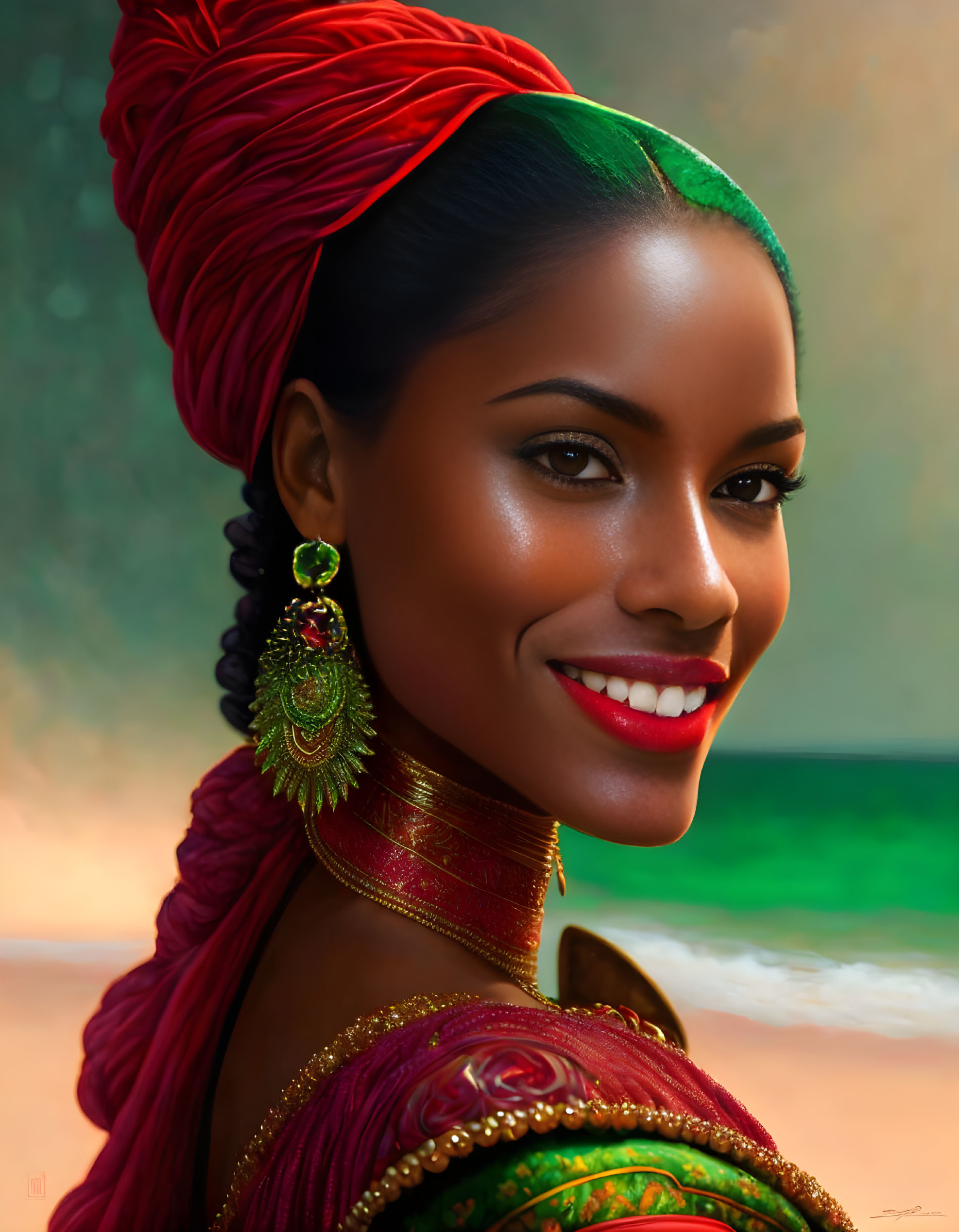 Smiling woman in red headwrap and green outfit with gold earrings