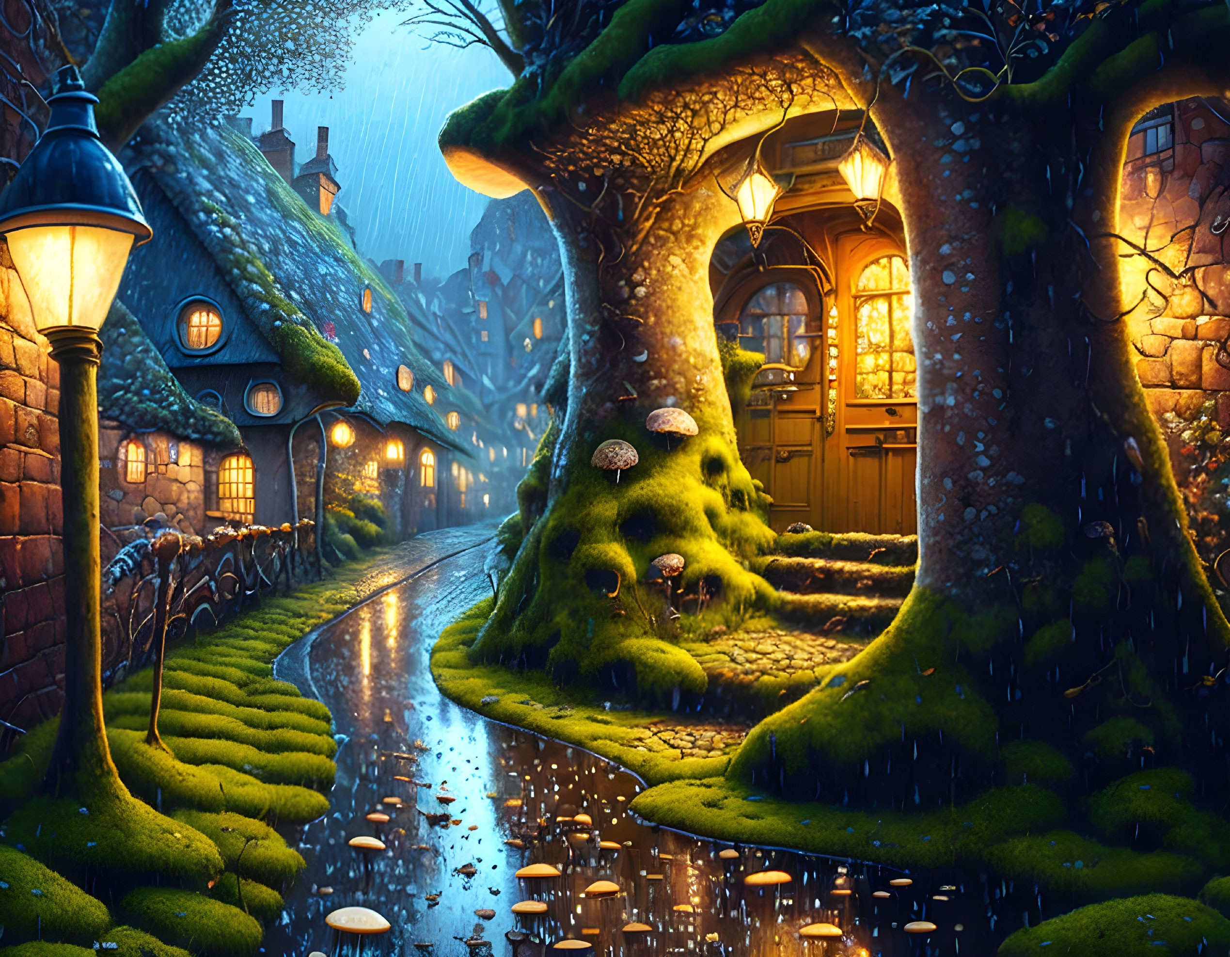 Magical cobblestone street at night with glowing lanterns, whimsical trees, moss-covered houses