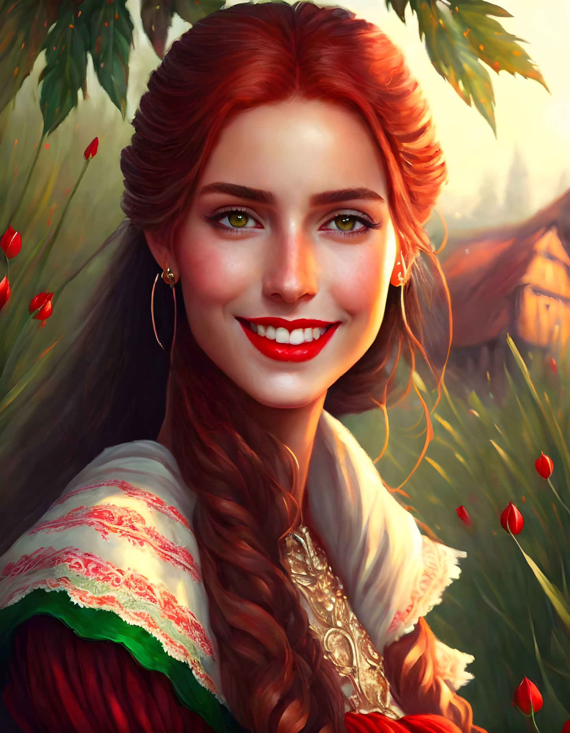 Red-haired woman in traditional attire smiling against warm background