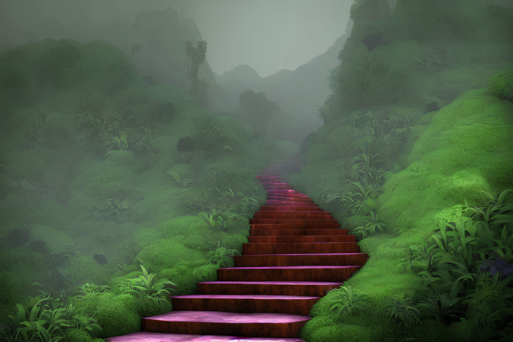 Mystical red stone stairway in foggy forest with mountains