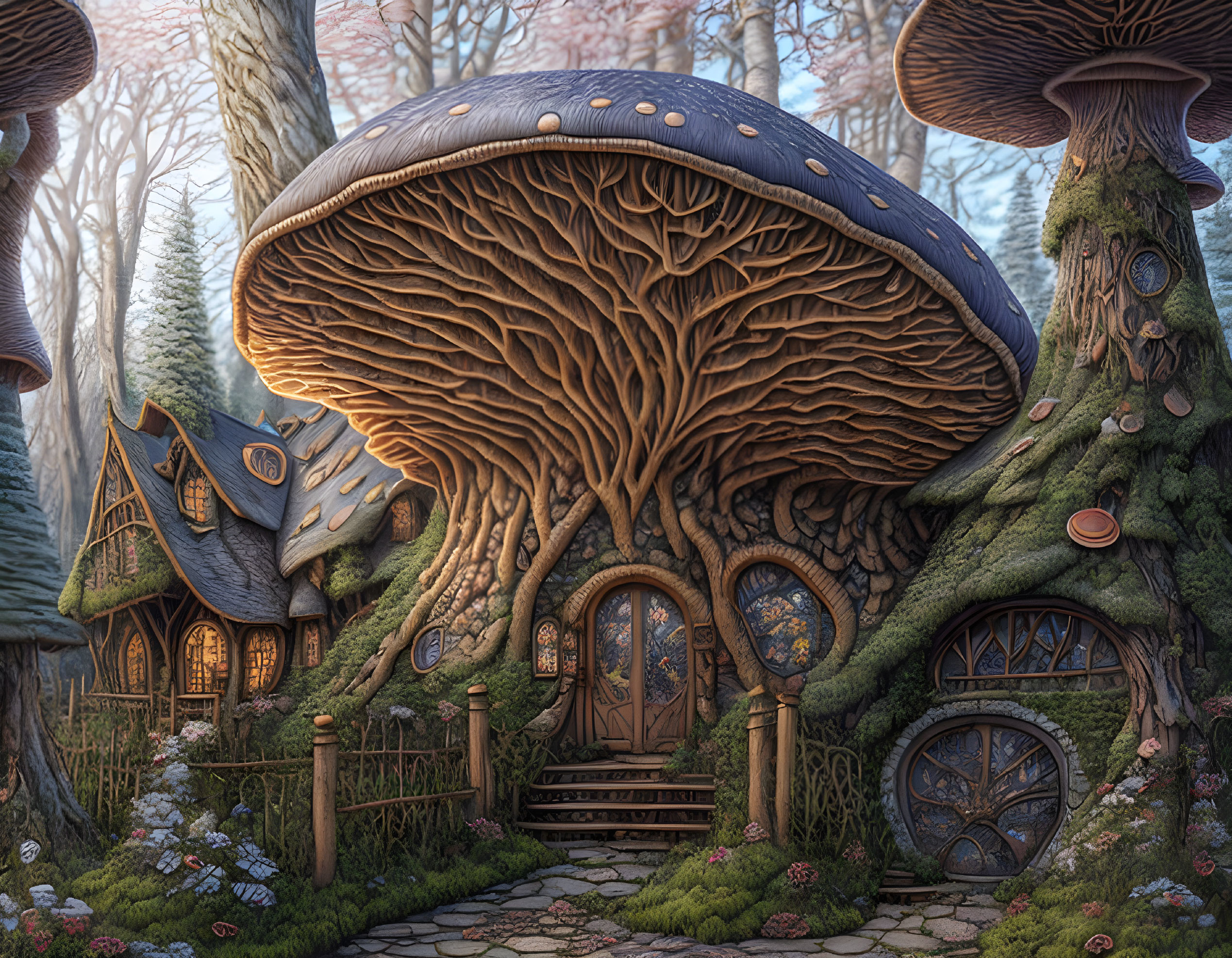 Enchanting forest scene with whimsical mushroom houses and mystical ambiance