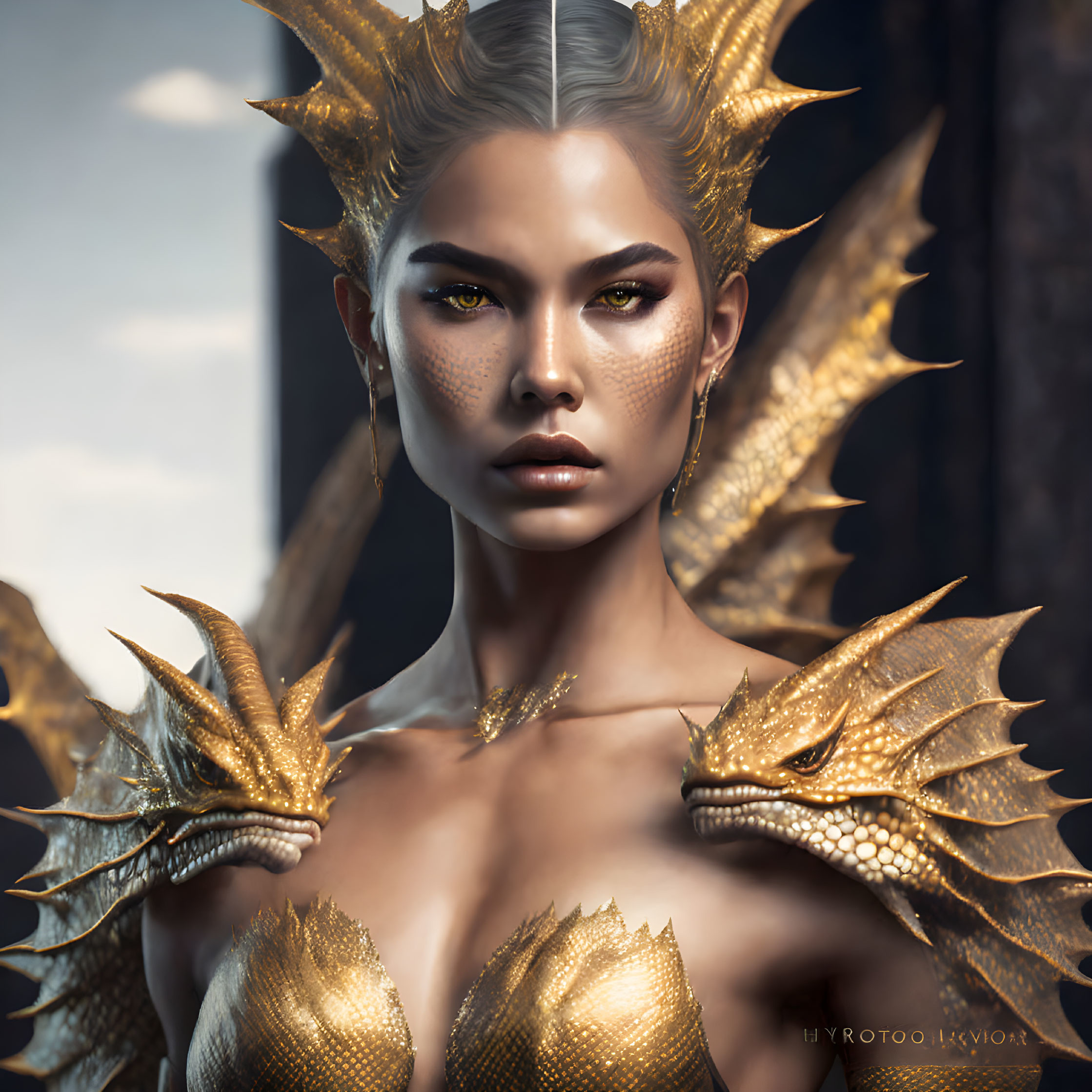 Woman in dragon-themed attire with golden scales and dragon crown.