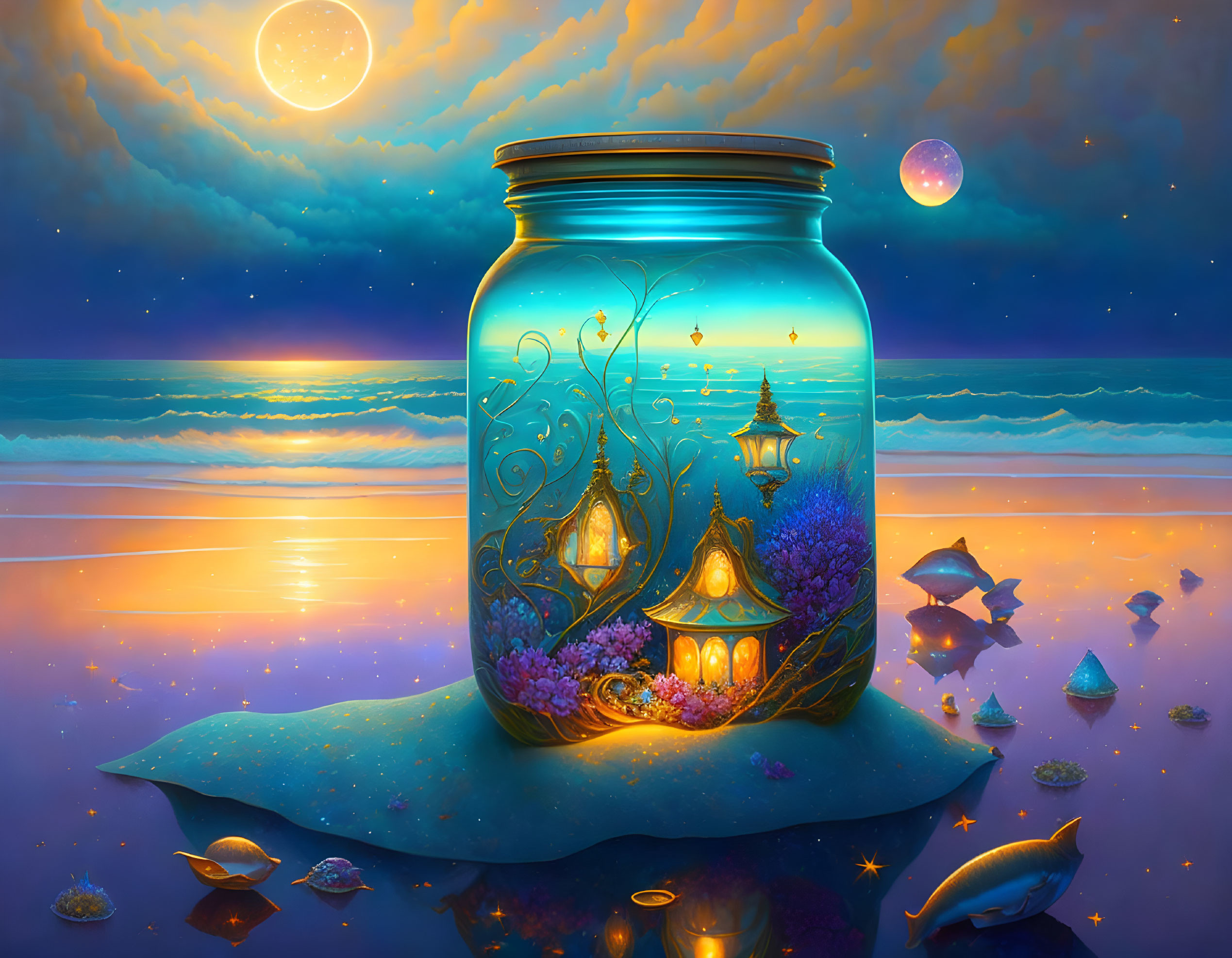 Digital art: Glowing lantern in jar on beach with leaping dolphin under twin moons