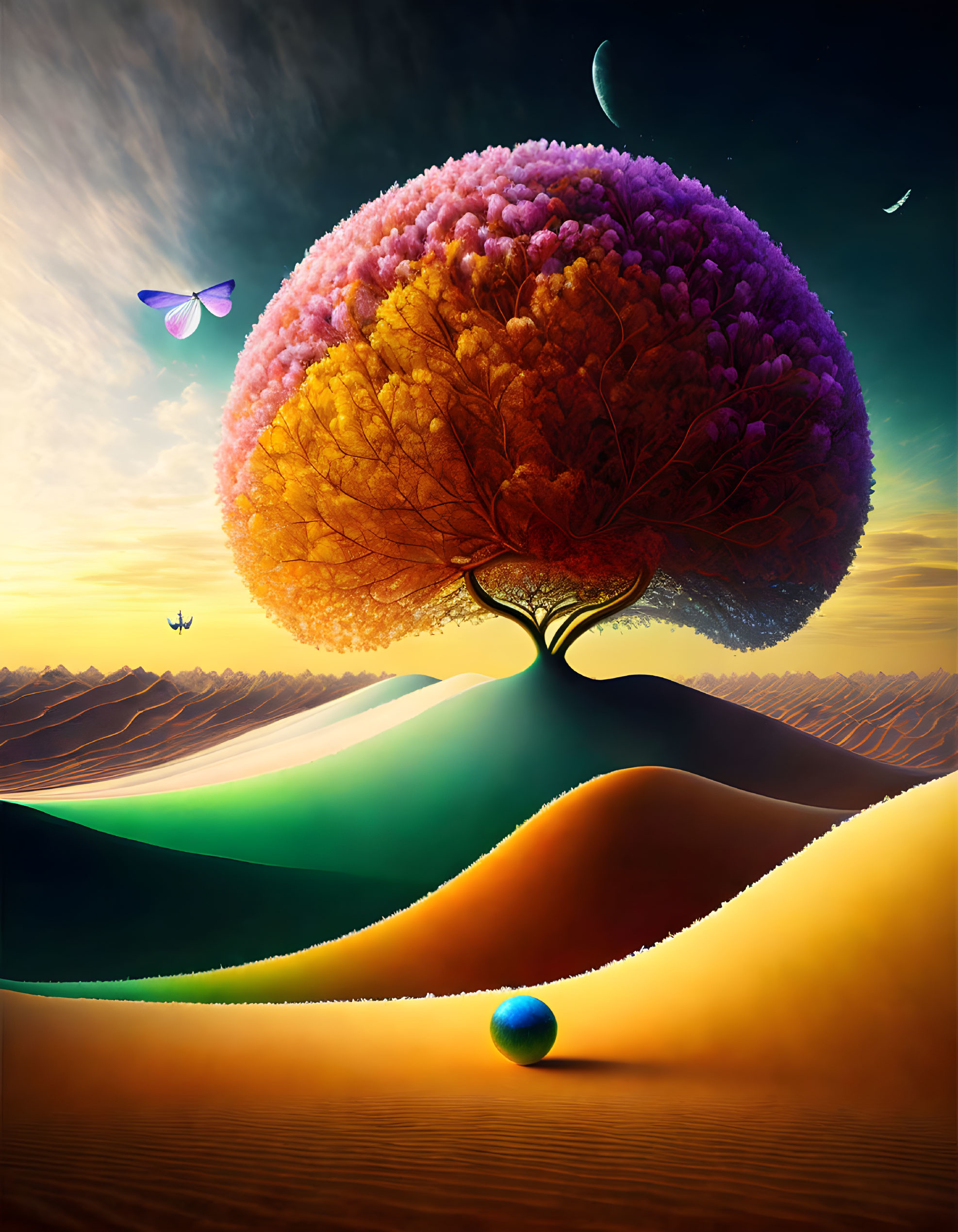 Colorful surreal landscape with brain-shaped tree, hills, planet, butterflies, crescent moon