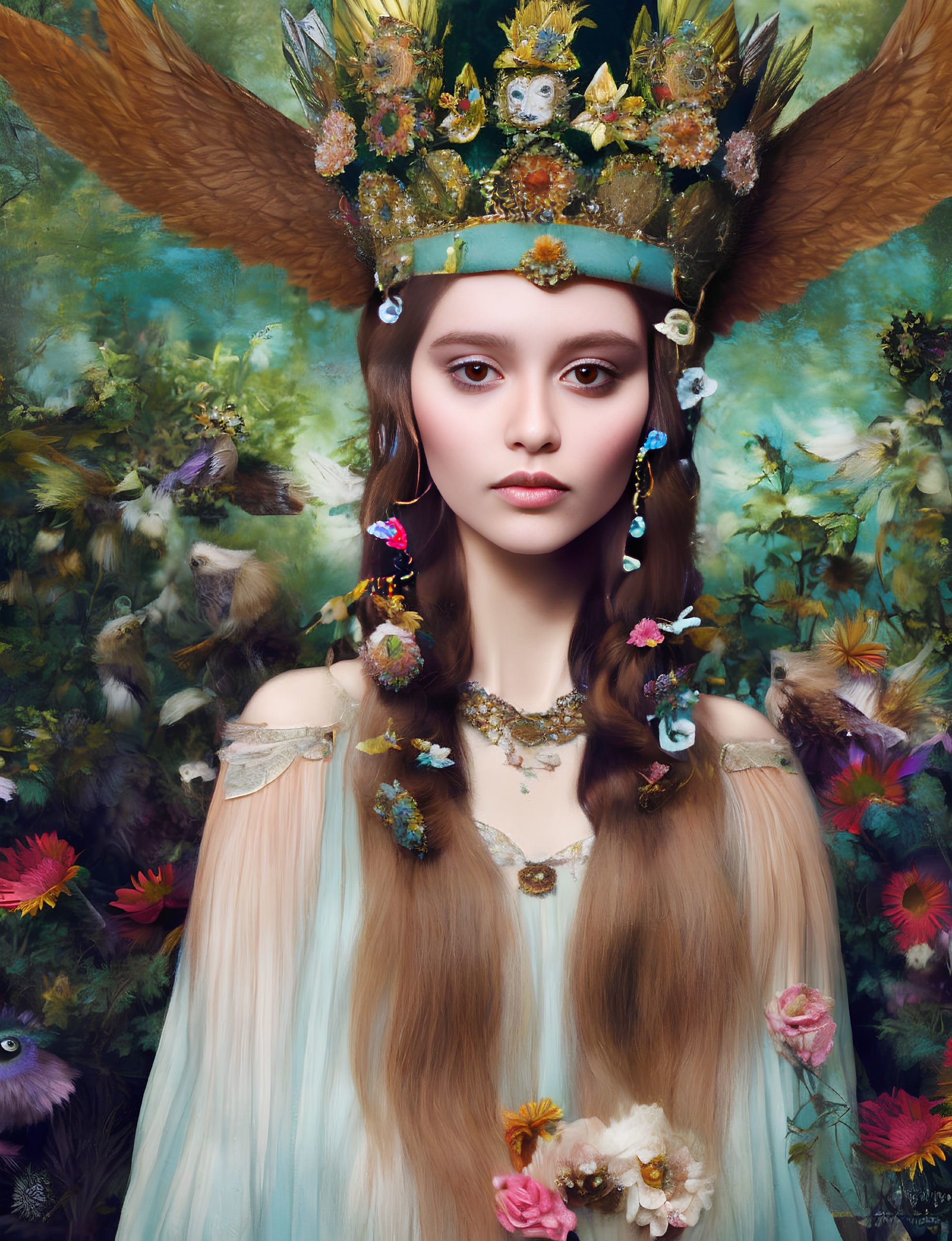 Fantastical Woman with Wings and Floral Headdress Amid Vibrant Background