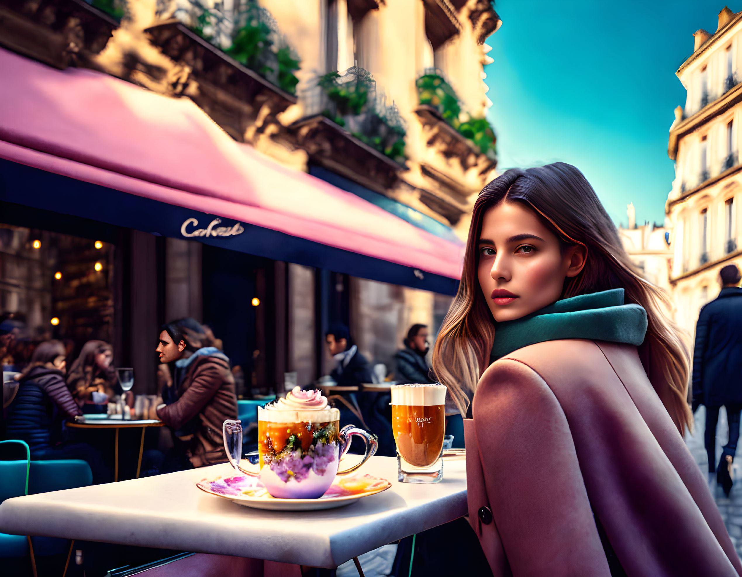 Woman at street cafe enjoying fancy dessert and tea with people in background