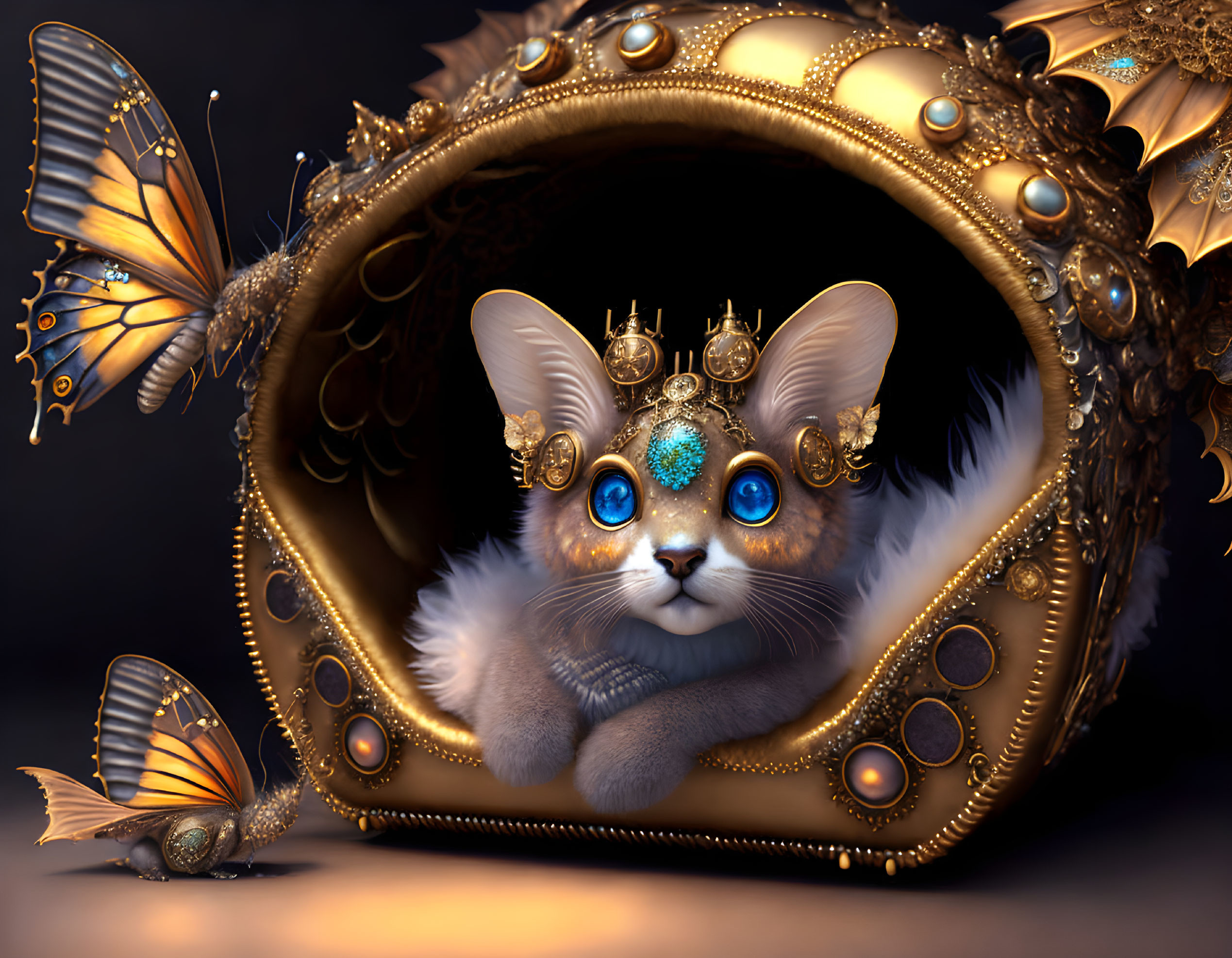 Fluffy Cat with Crown in Golden Frame and Butterflies Illustration