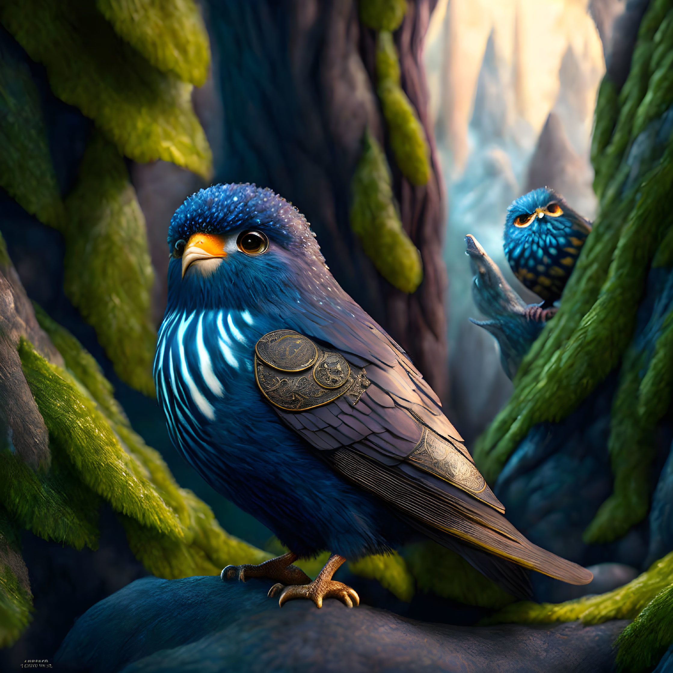 Colorful Blue Bird with Metallic Armor on Moss-Covered Branch