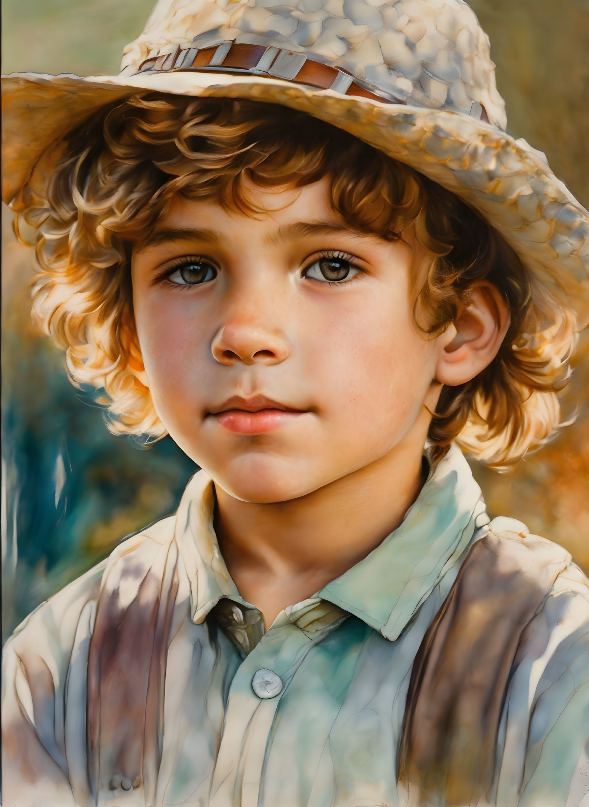 Curly-Haired Child in Straw Hat and Striped Shirt Smiling