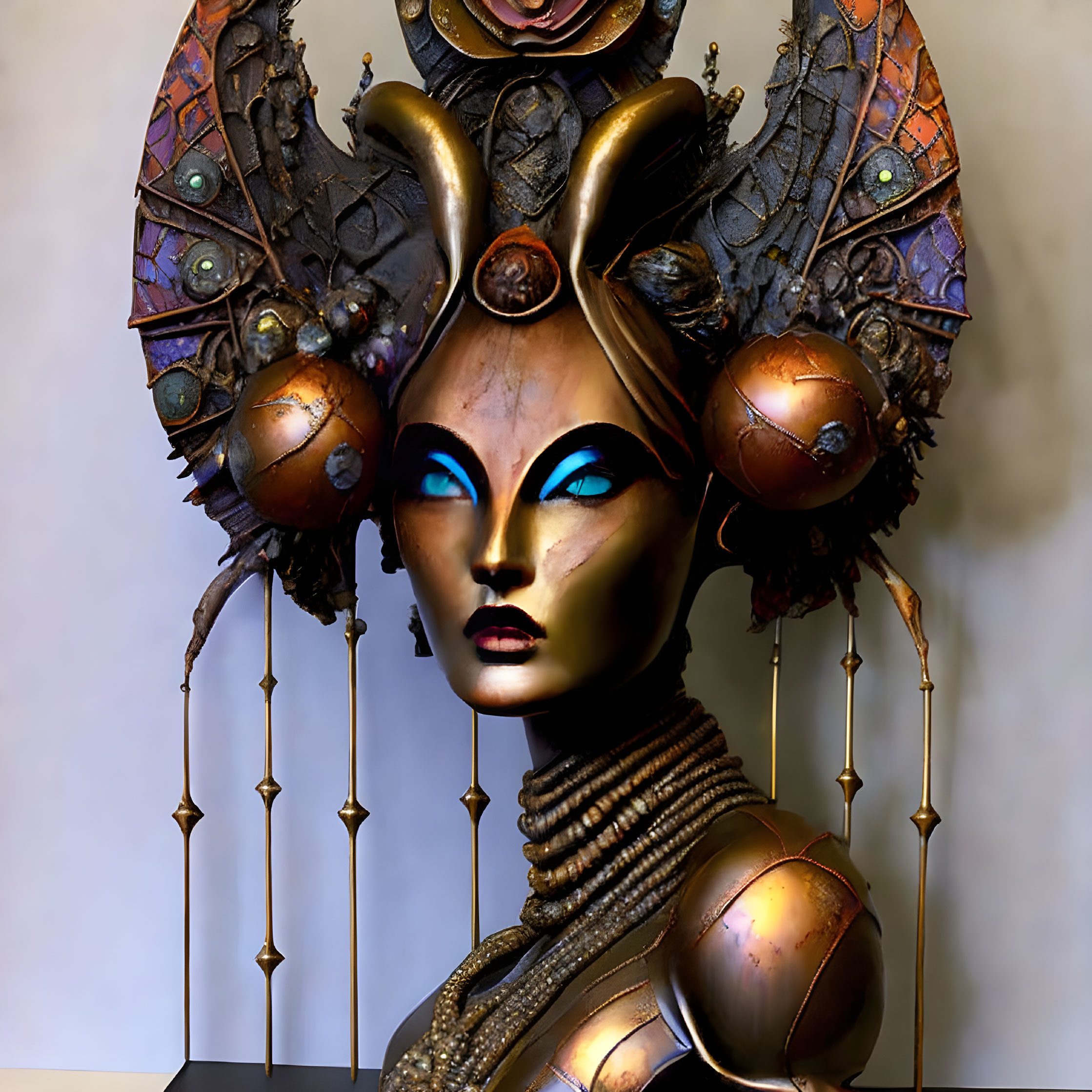 Digital art: Female figure in metallic headpiece and steampunk armor