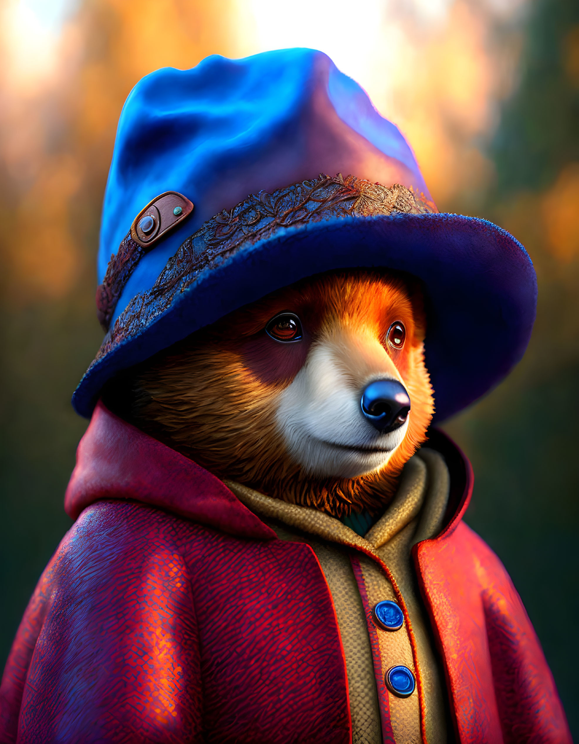 Red Panda in Blue Hat and Red Coat on Autumn Background