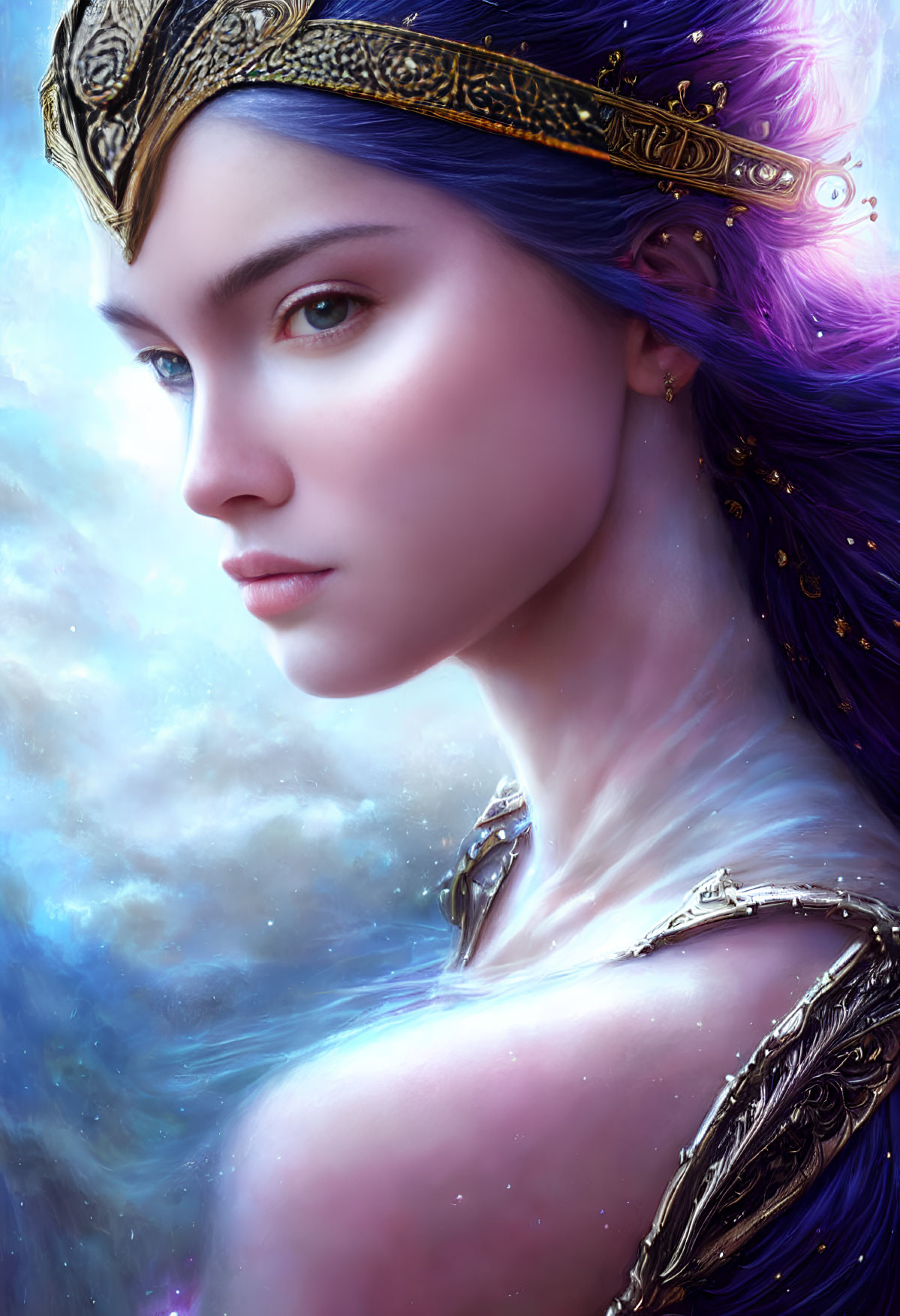 Fantasy illustration: woman with purple hair, gold crown, ornate armor, celestial backdrop