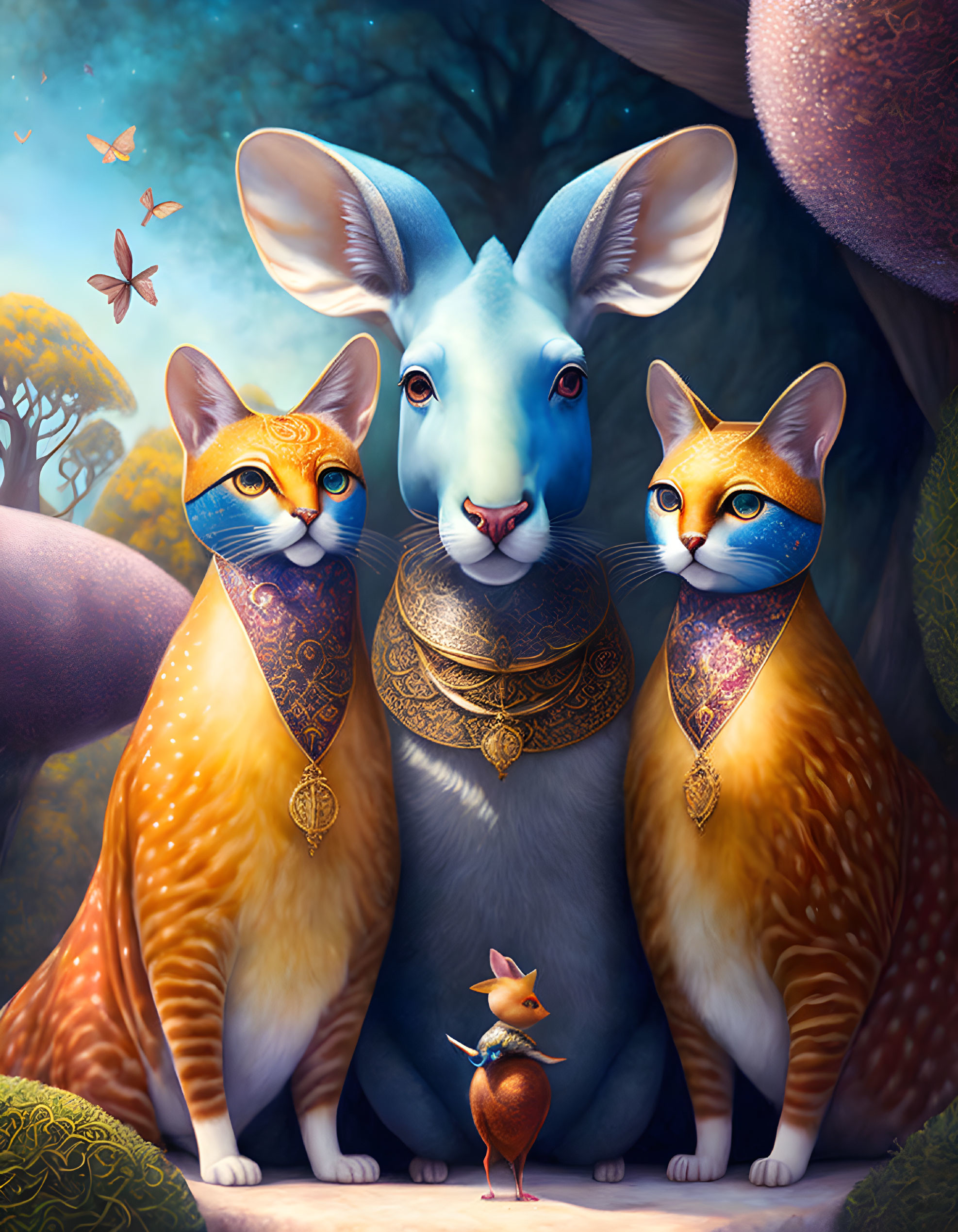 Stylized illustration of cats, rabbit, and bird in mystical forest