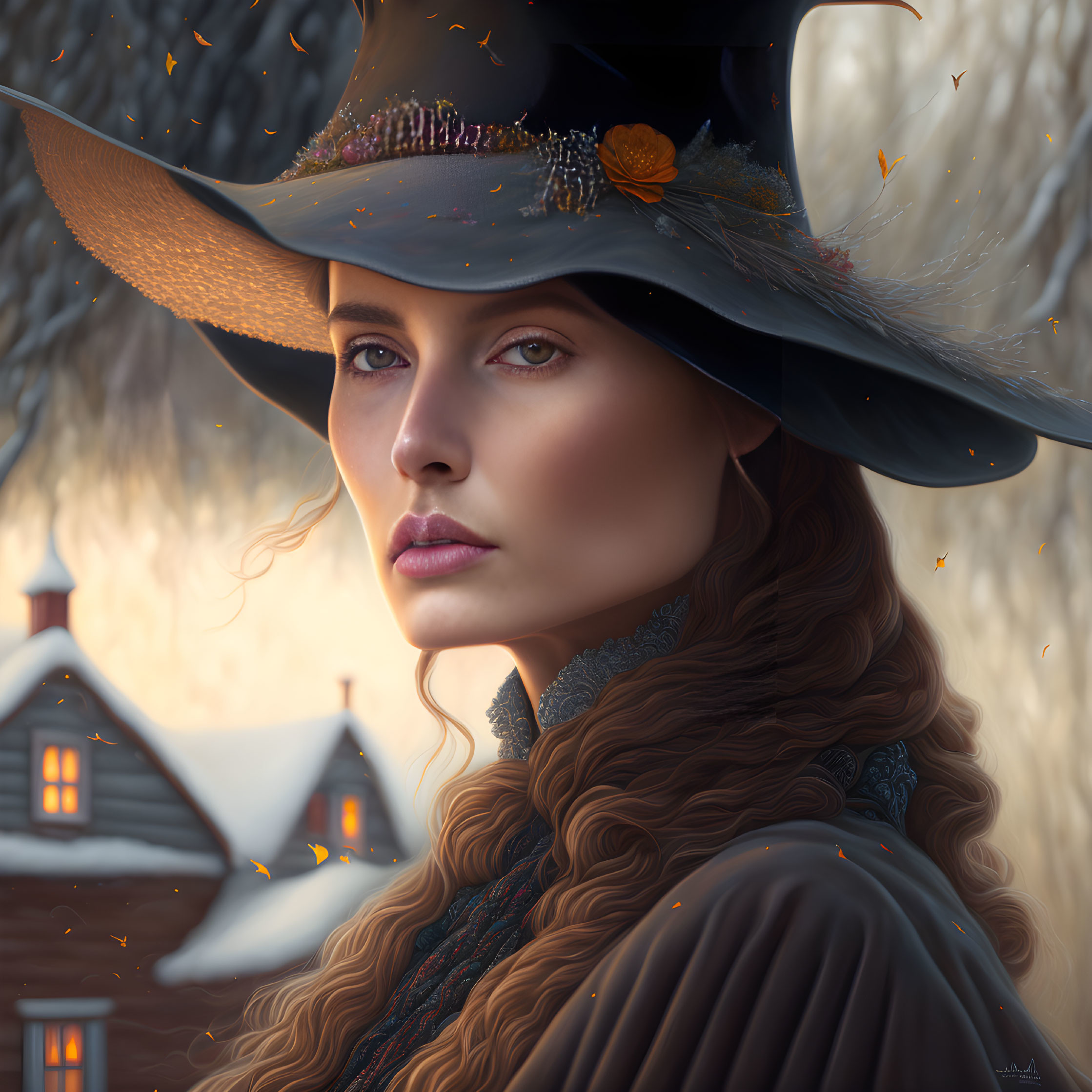 Portrait of woman with long brown hair in wide-brimmed hat against mystical autumnal backdrop.