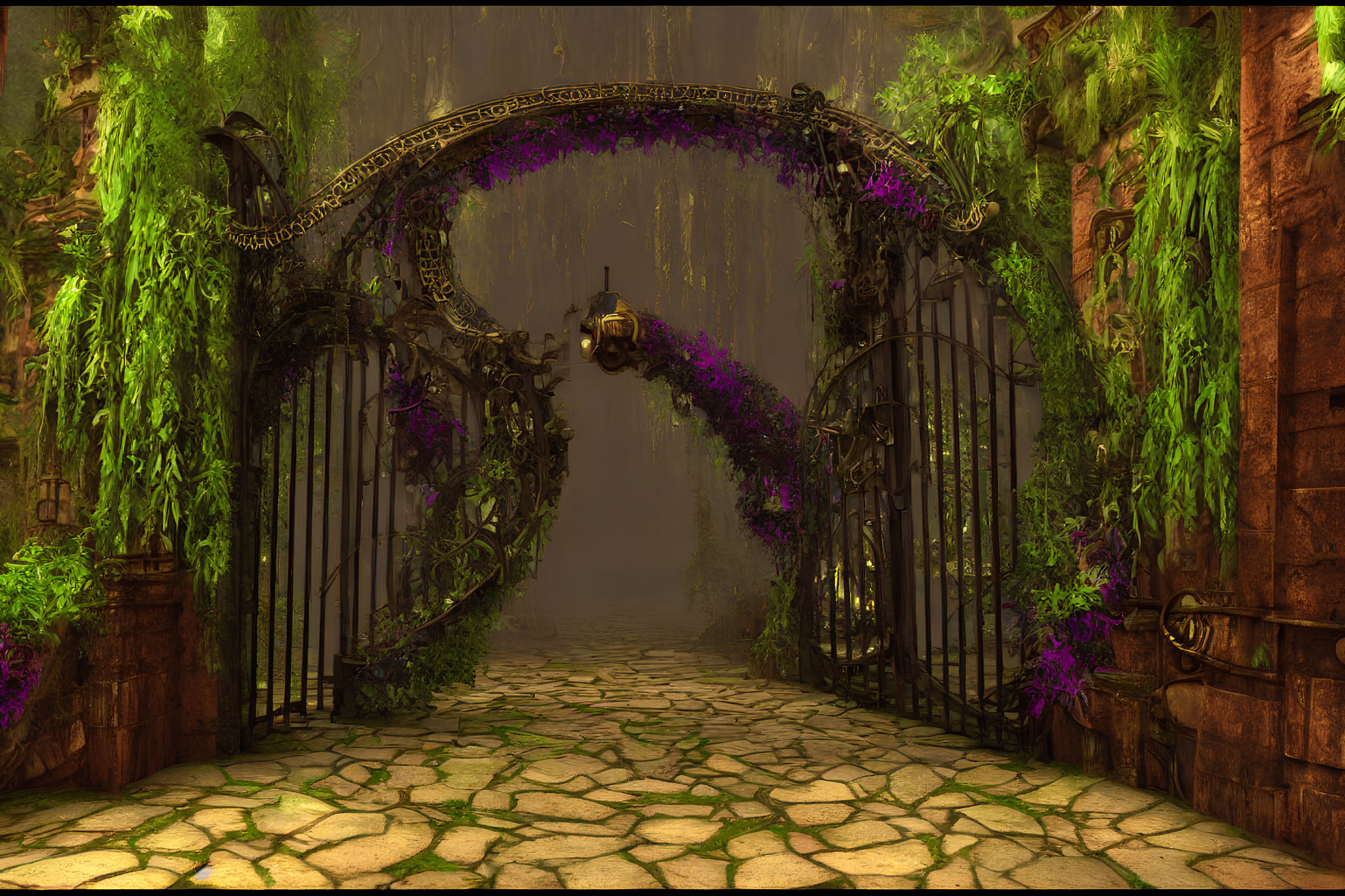 Wrought-iron gate covered in vines and flowers leads to misty path surrounded by stone walls and