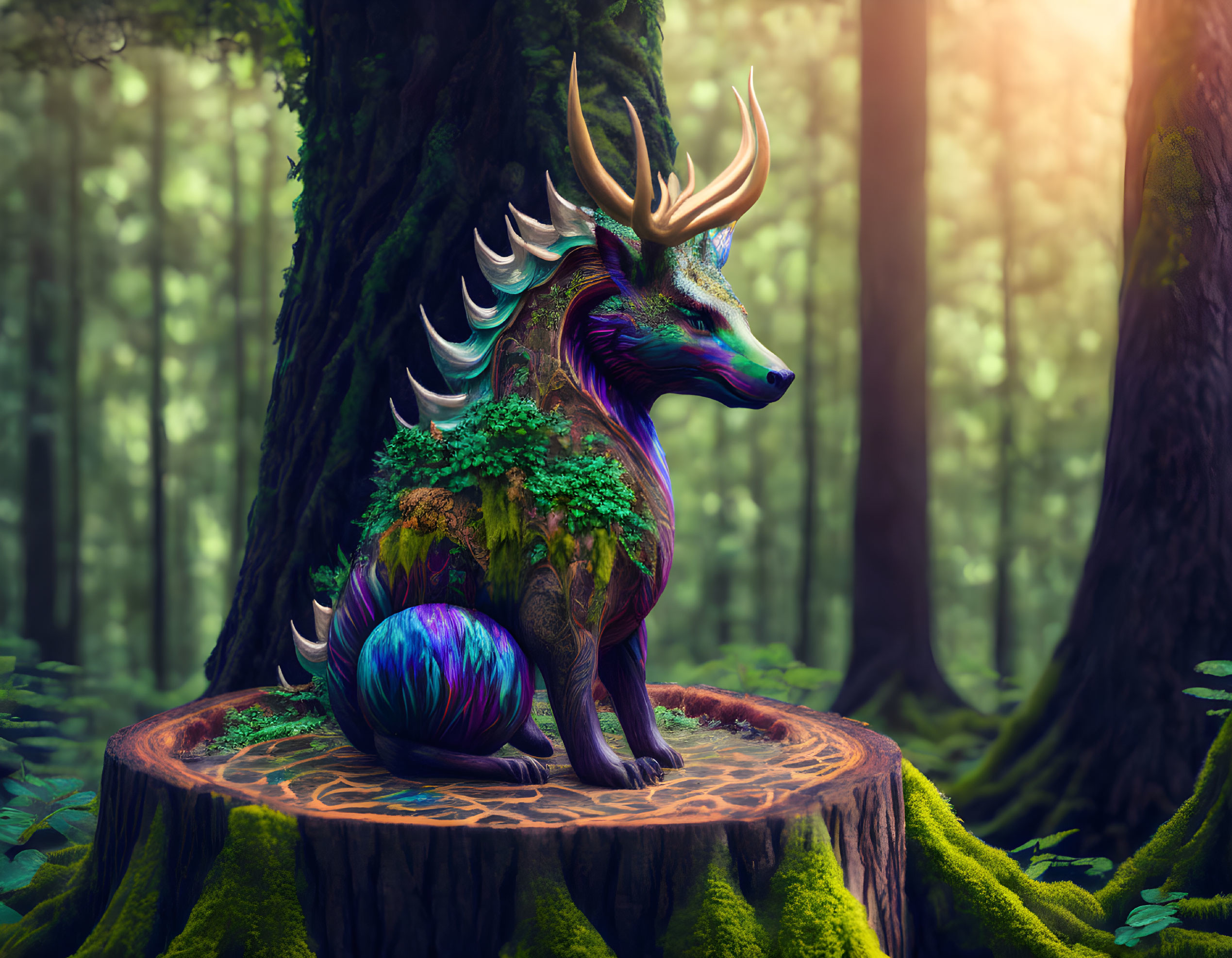 Colorful stag creature with moon orb and tree antlers in enchanted forest