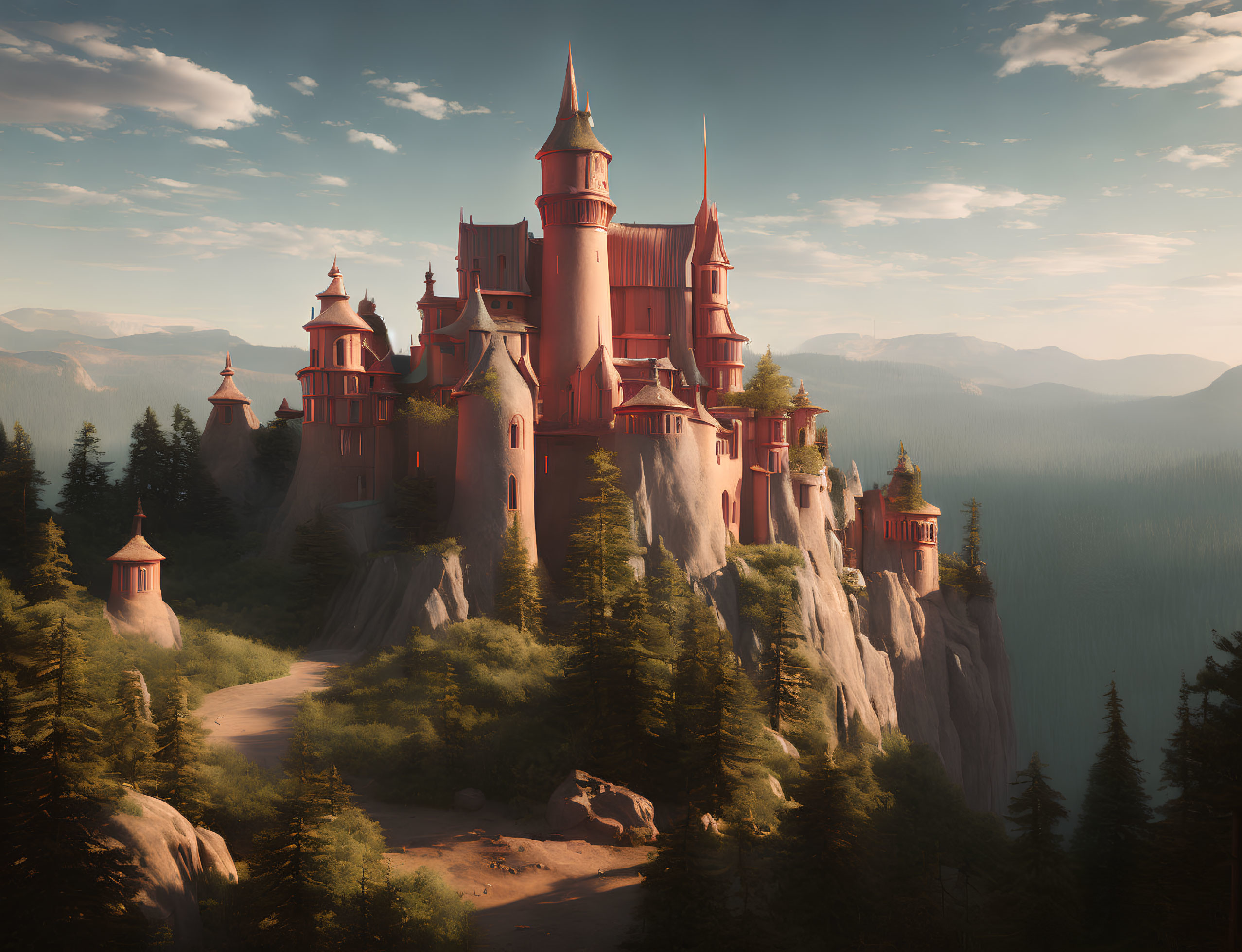 Red Castle on Cliff Overlooking Pine Forest and Mountains