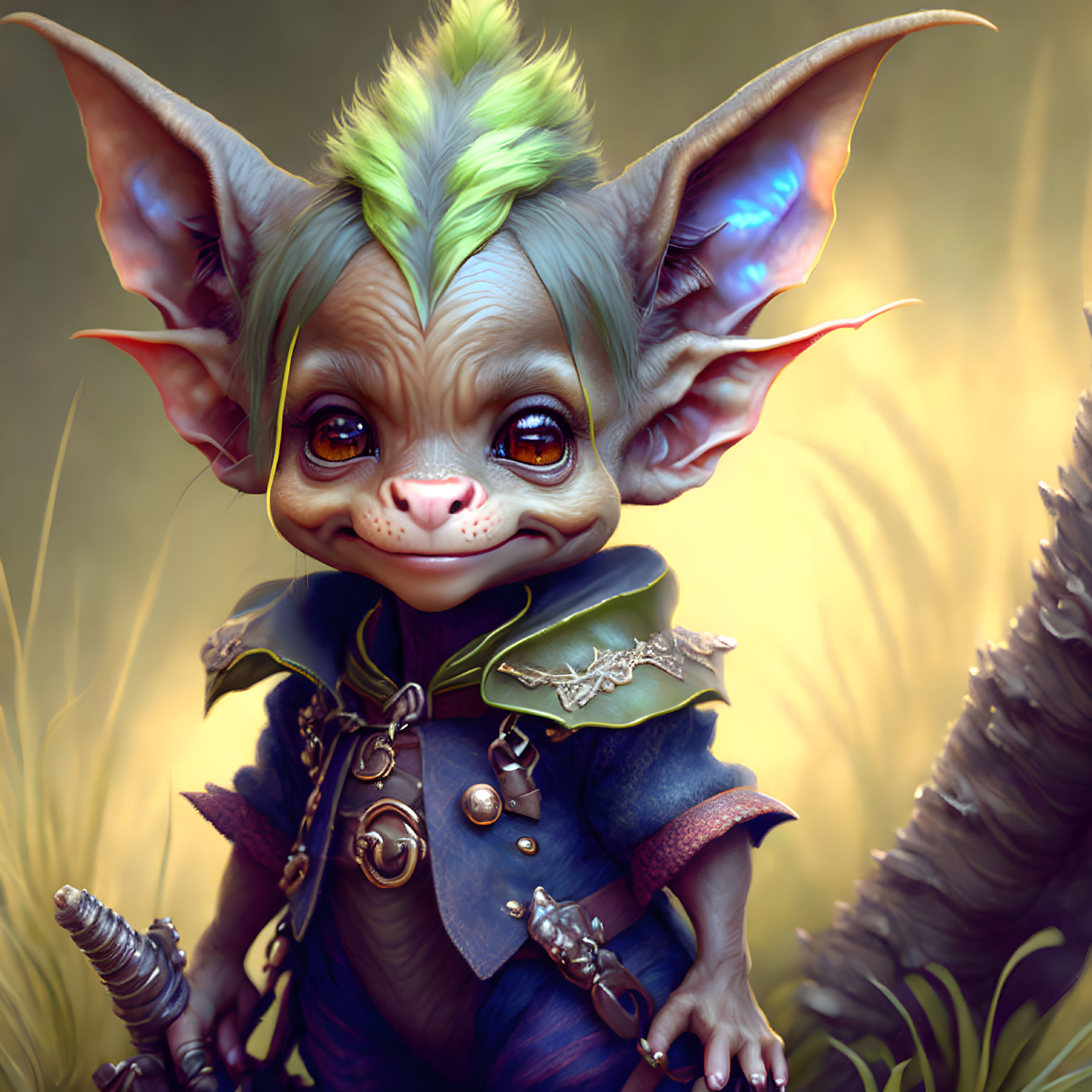 Fantasy creature with large ears and green hair in cloak and accessories.