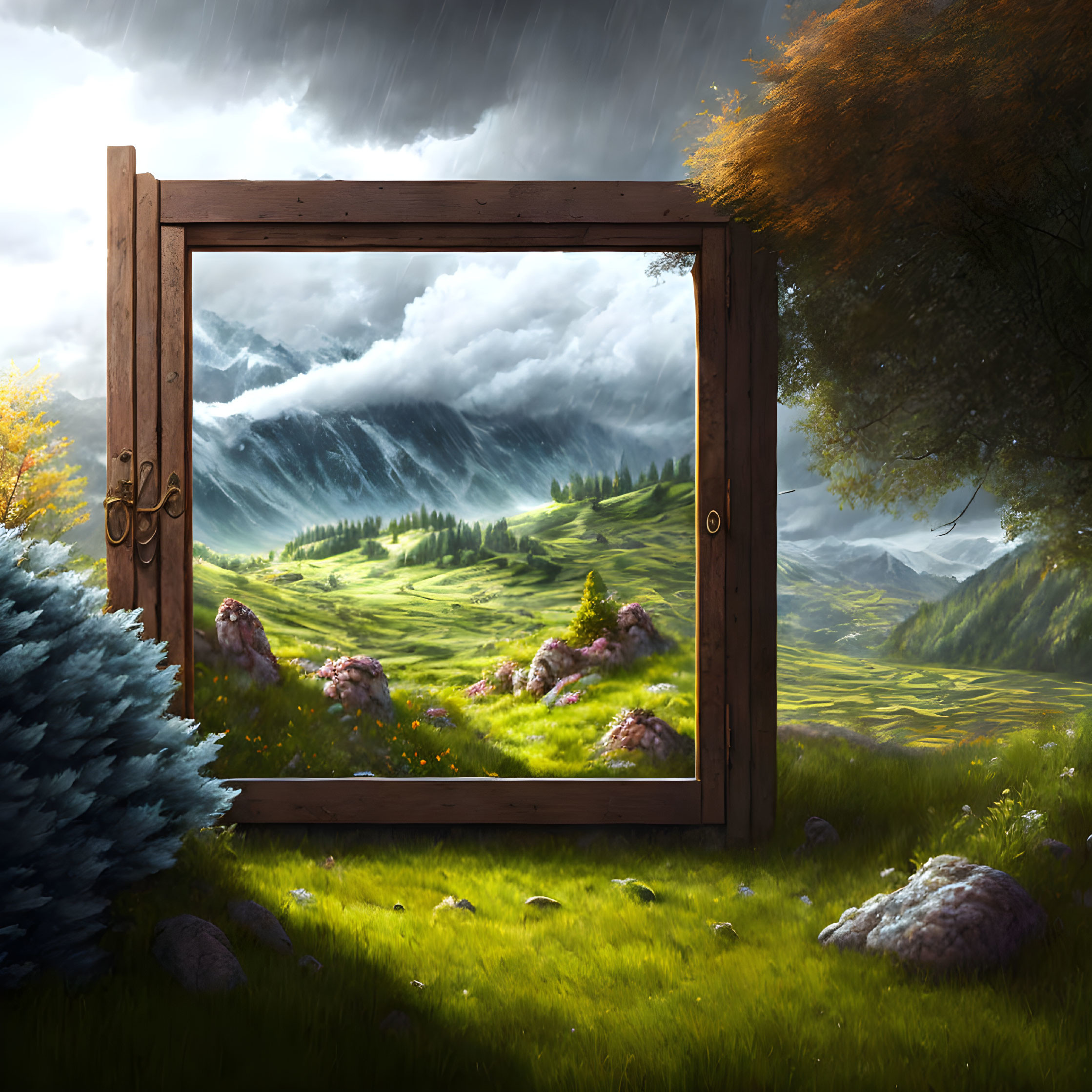 Wooden window frames stormy landscape with mountains and sunlight breaking through.