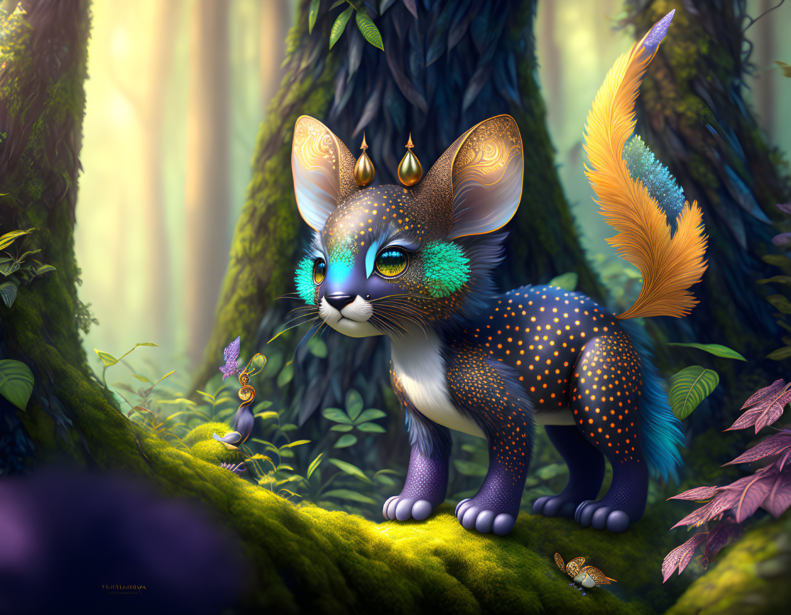 Fantastical digital illustration of a spotted cat in enchanted forest