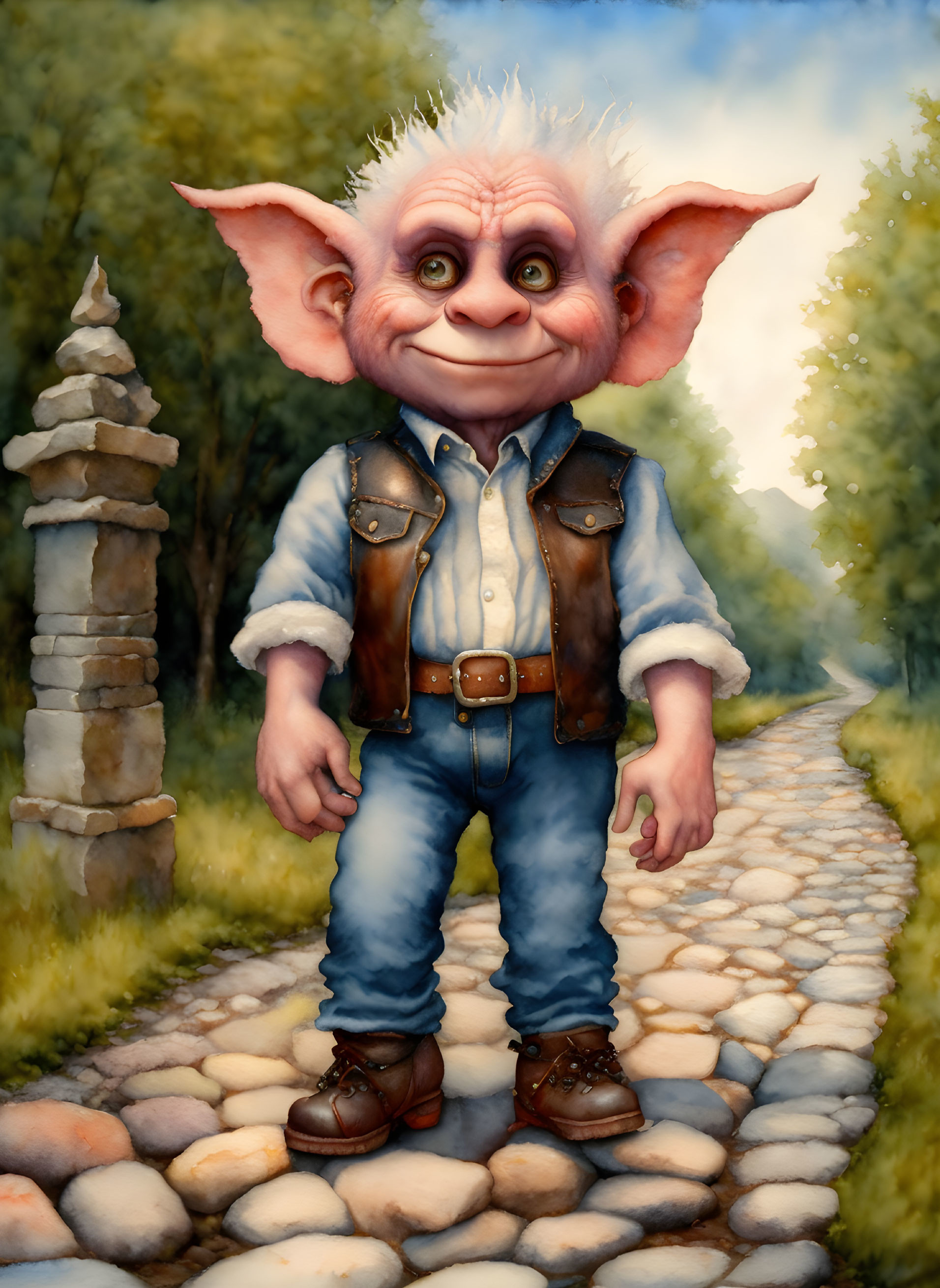 Whimsical character in denim outfit on cobblestone path