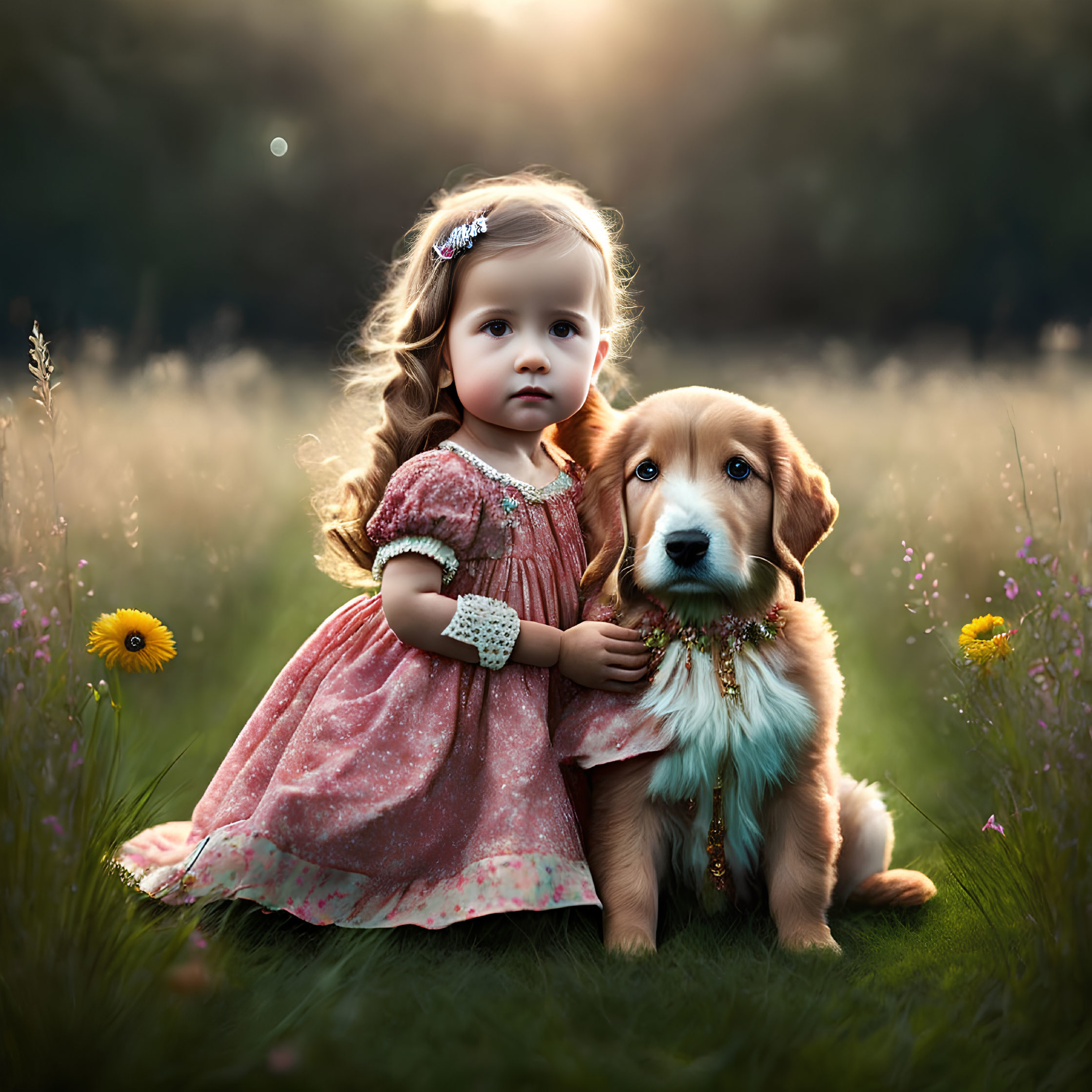 Young girl in pink dress with golden retriever puppy in sunset field