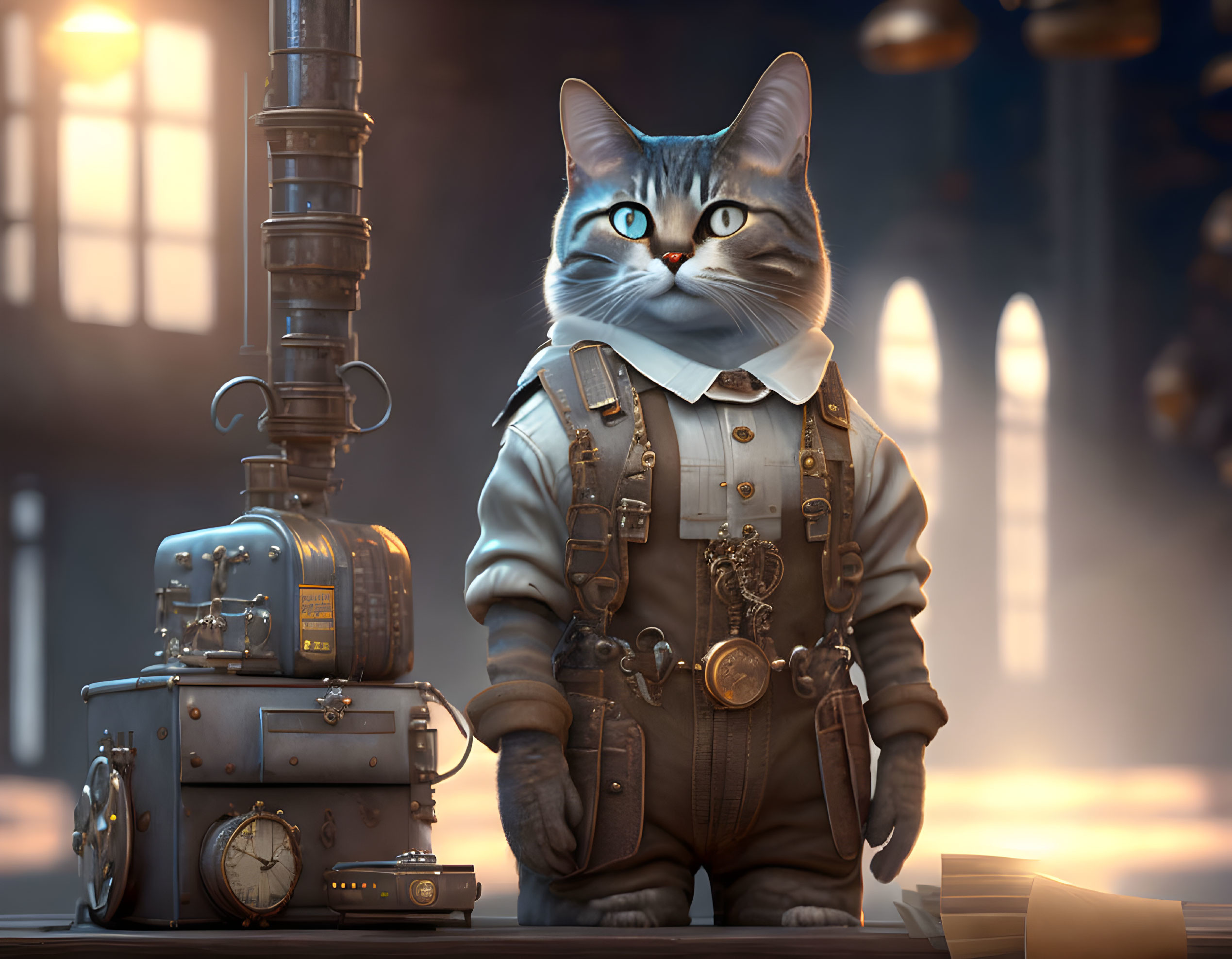 Anthropomorphic cat in vintage engineer outfit with steampunk device