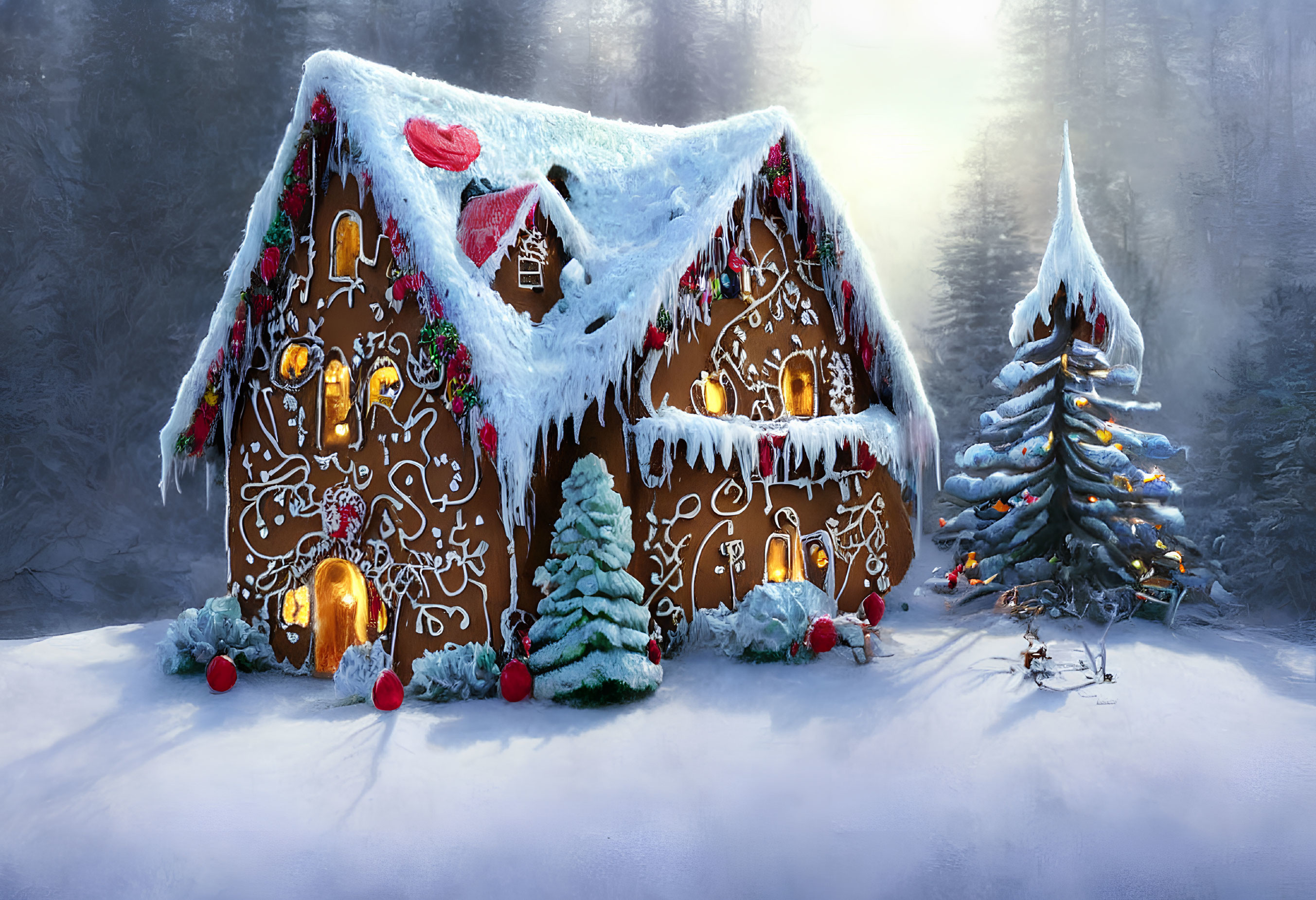 Snow-covered gingerbread house with candy decorations and glowing windows in misty forest setting