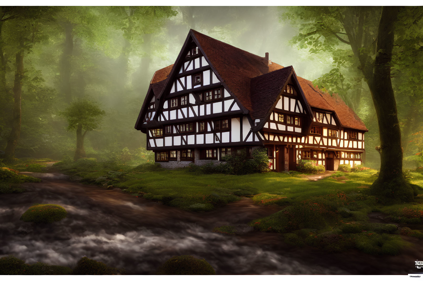 Half-timbered house in serene forest with stream and sunlight.