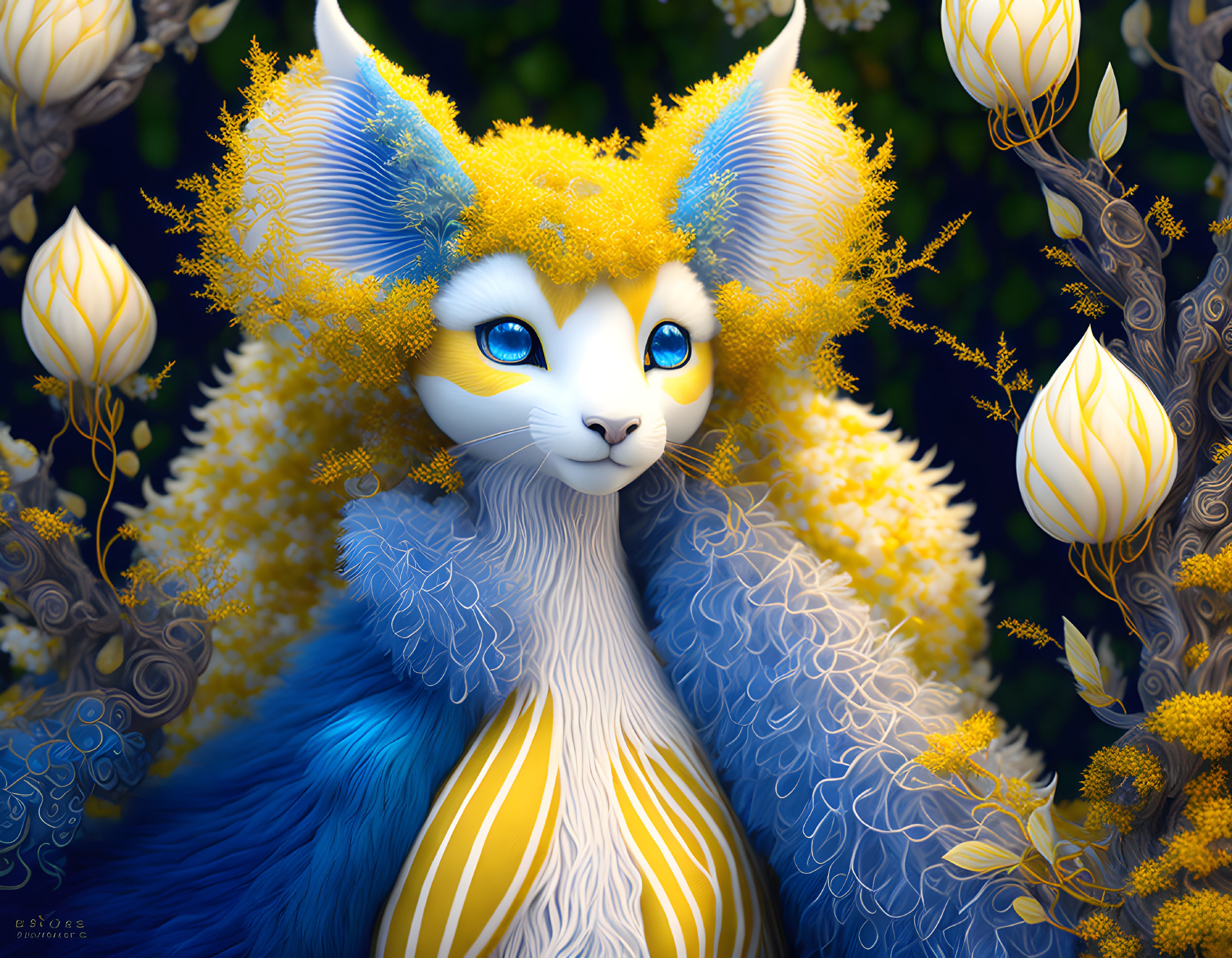 Blue and Yellow Furred Creature with Floral Elements