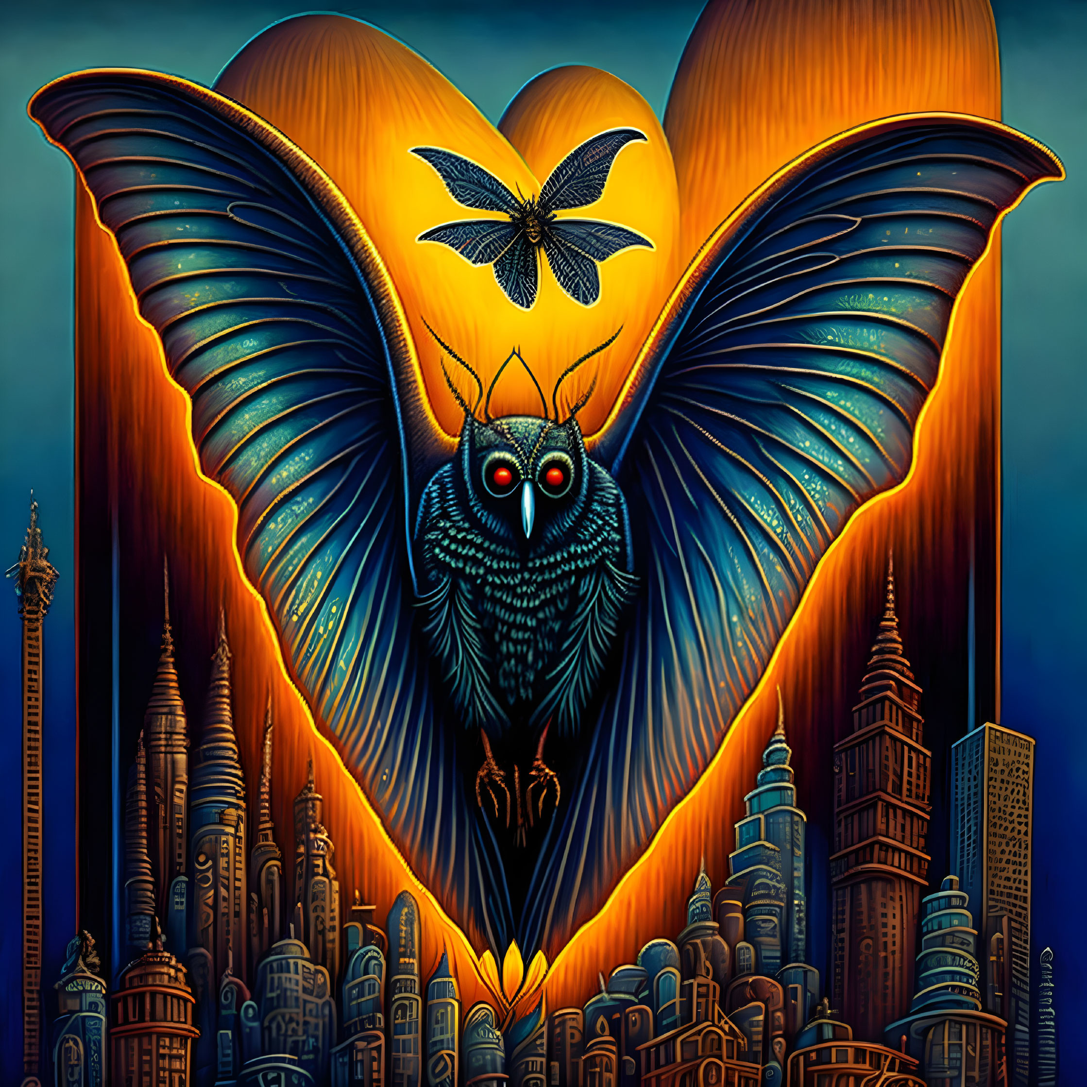 Colorful owl with butterfly wings in urban night scene.