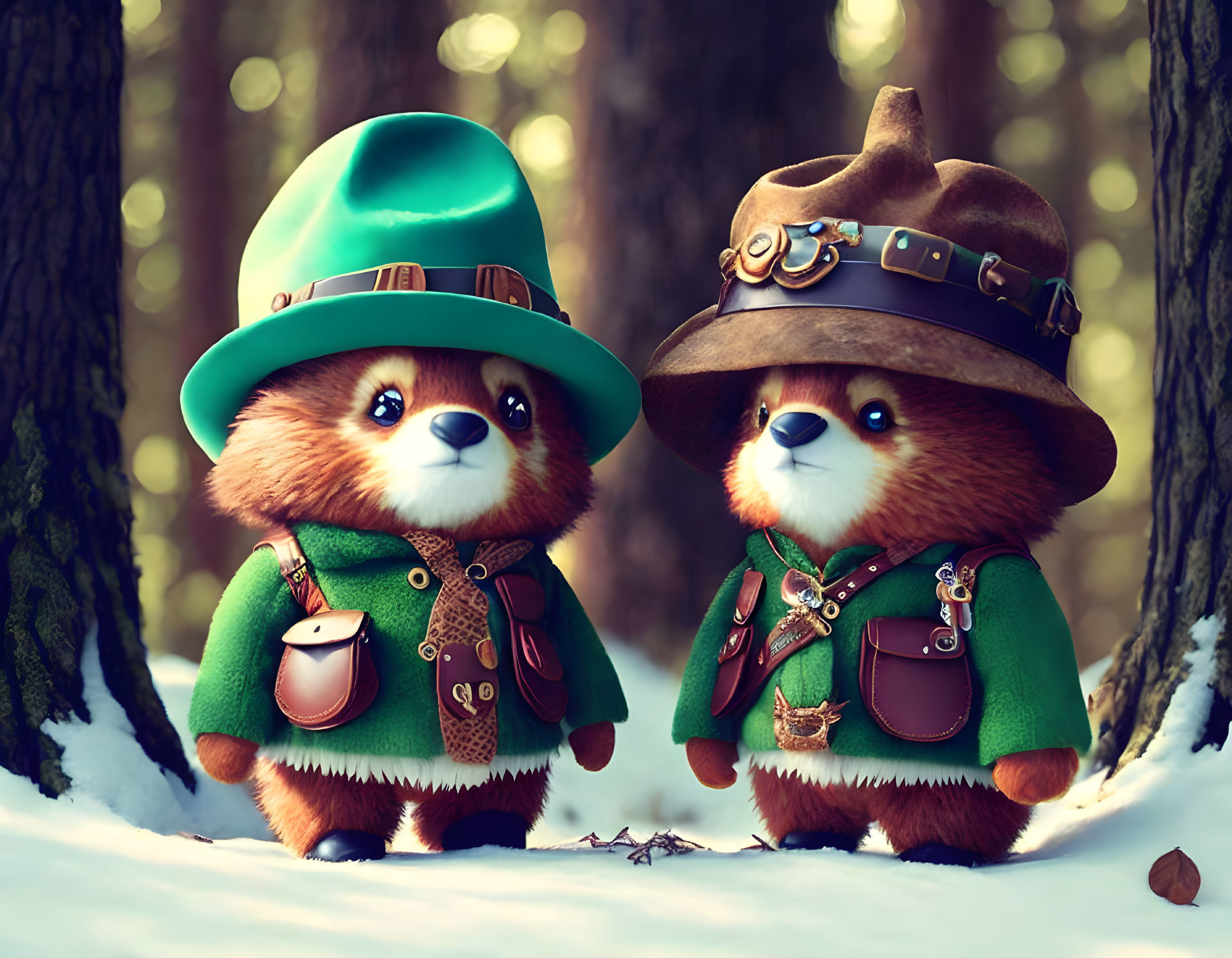 Anthropomorphic red pandas in vintage explorer outfits in snowy forest