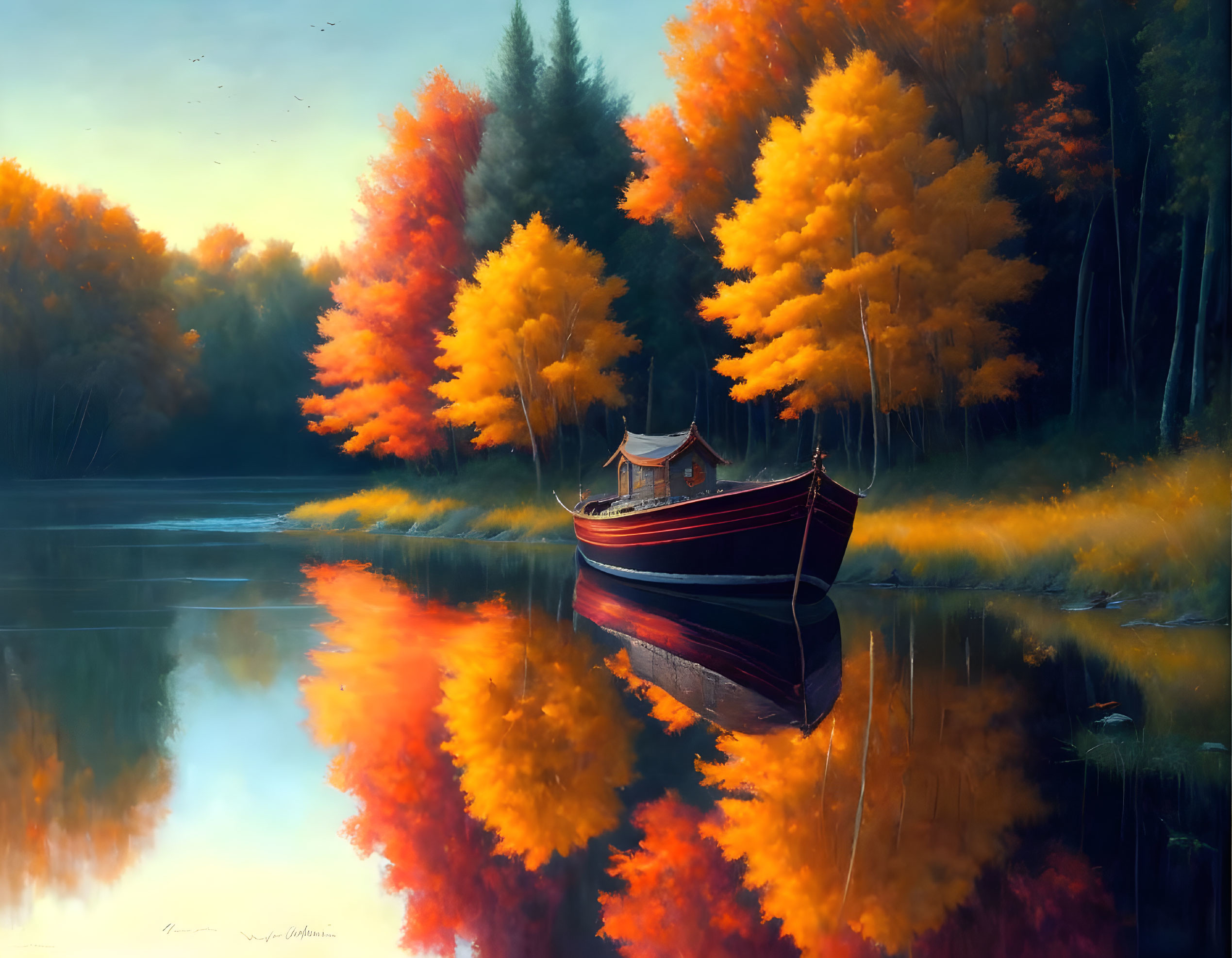 Tranquil autumn lake with red boat and colorful foliage