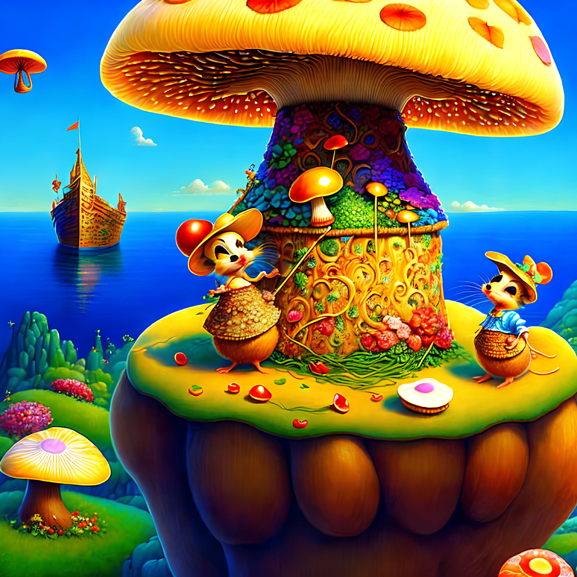 Colorful Anthropomorphic Mice on Mushroom with Ship and Flora