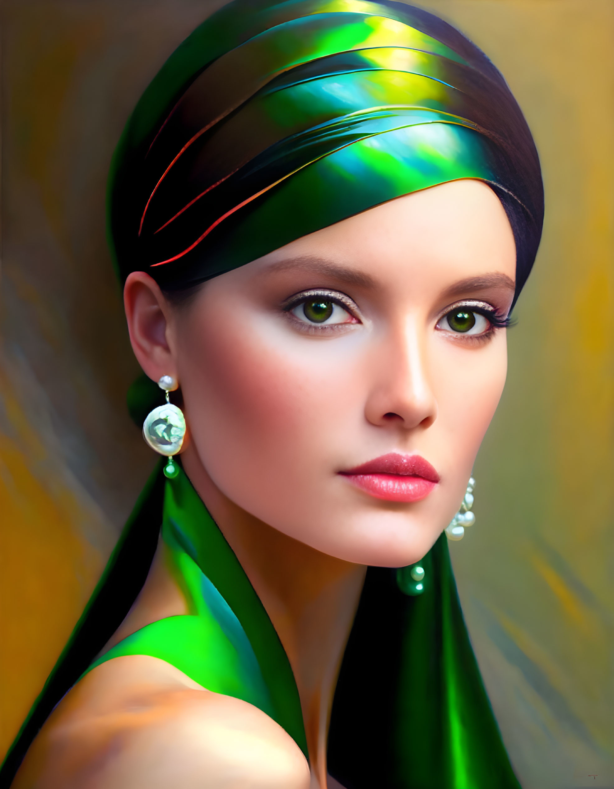 Woman portrait: green headscarf, eyes, pearl earrings on warm background