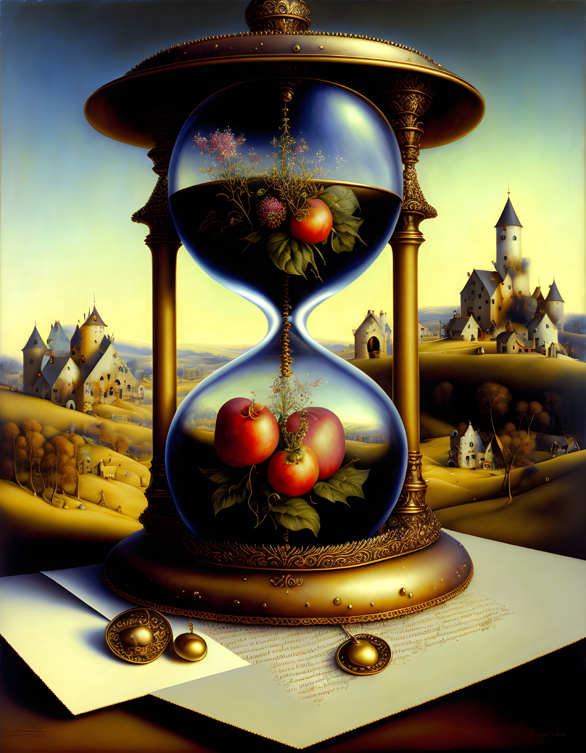 Hourglass with apple-filled spheres in whimsical landscape with castles, hills, and quill on