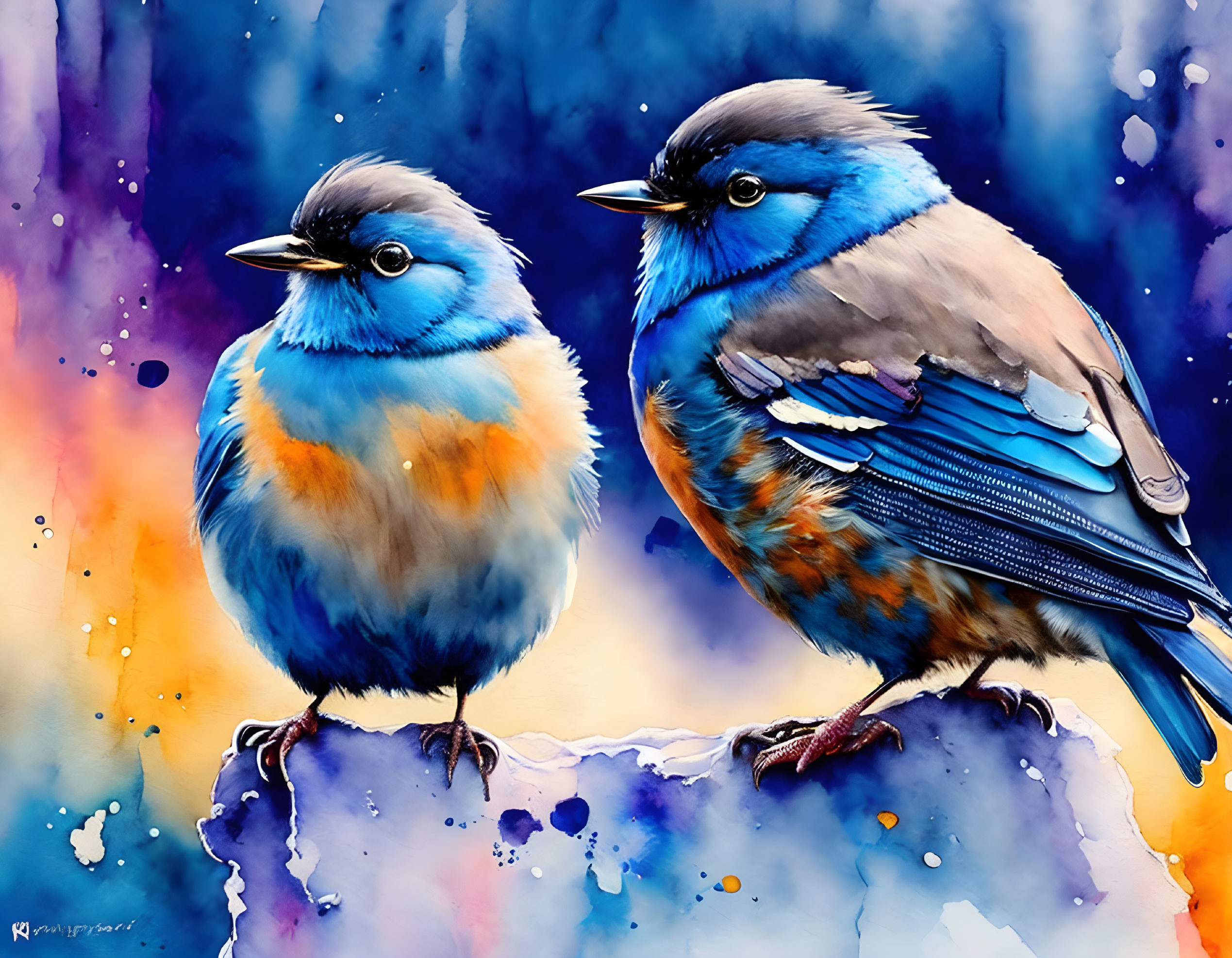 Colorful Watercolor Painting of Two Bluebirds on Branch