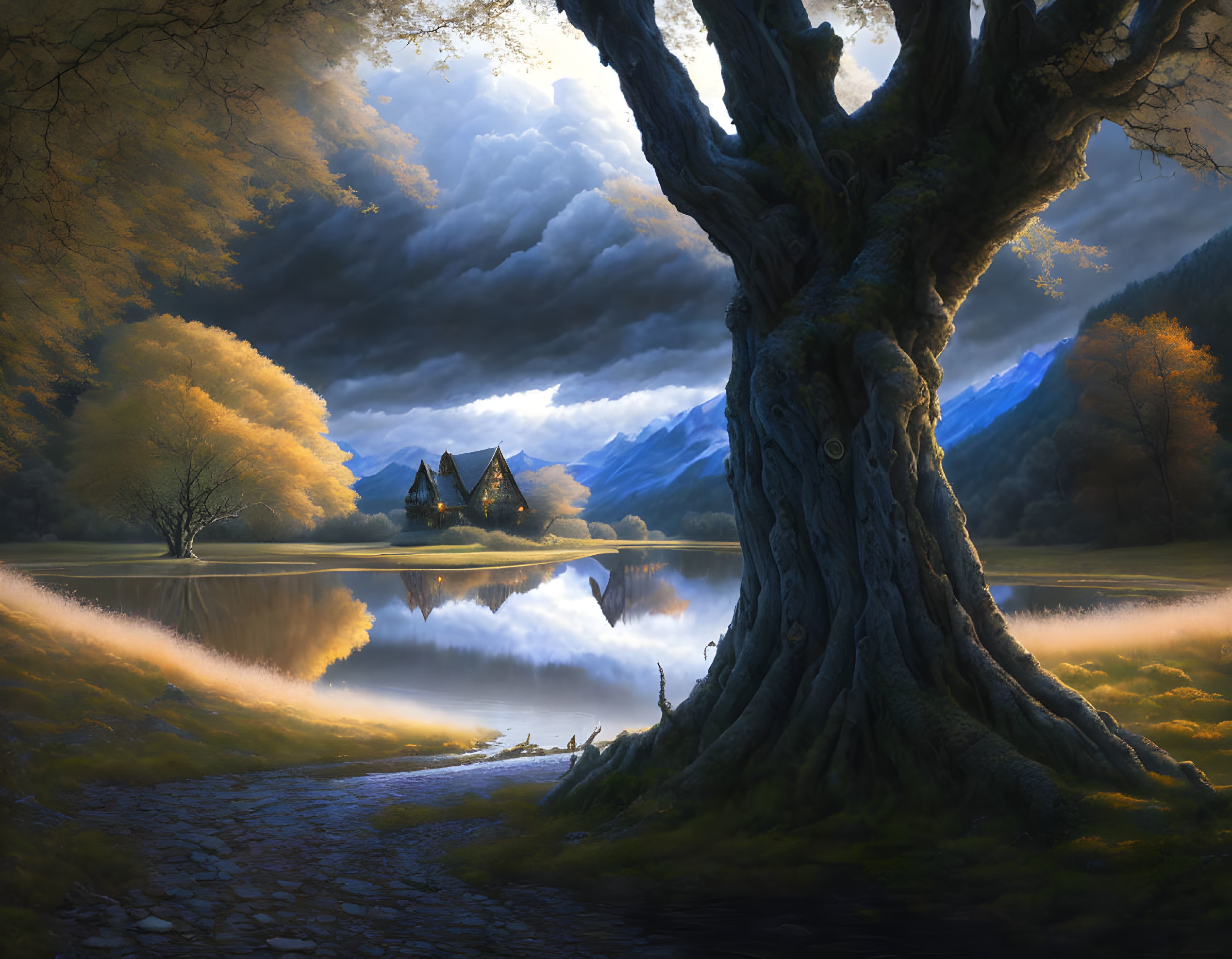 Ethereal landscape with gnarled tree, tranquil waters, quaint houses, golden trees, mountains