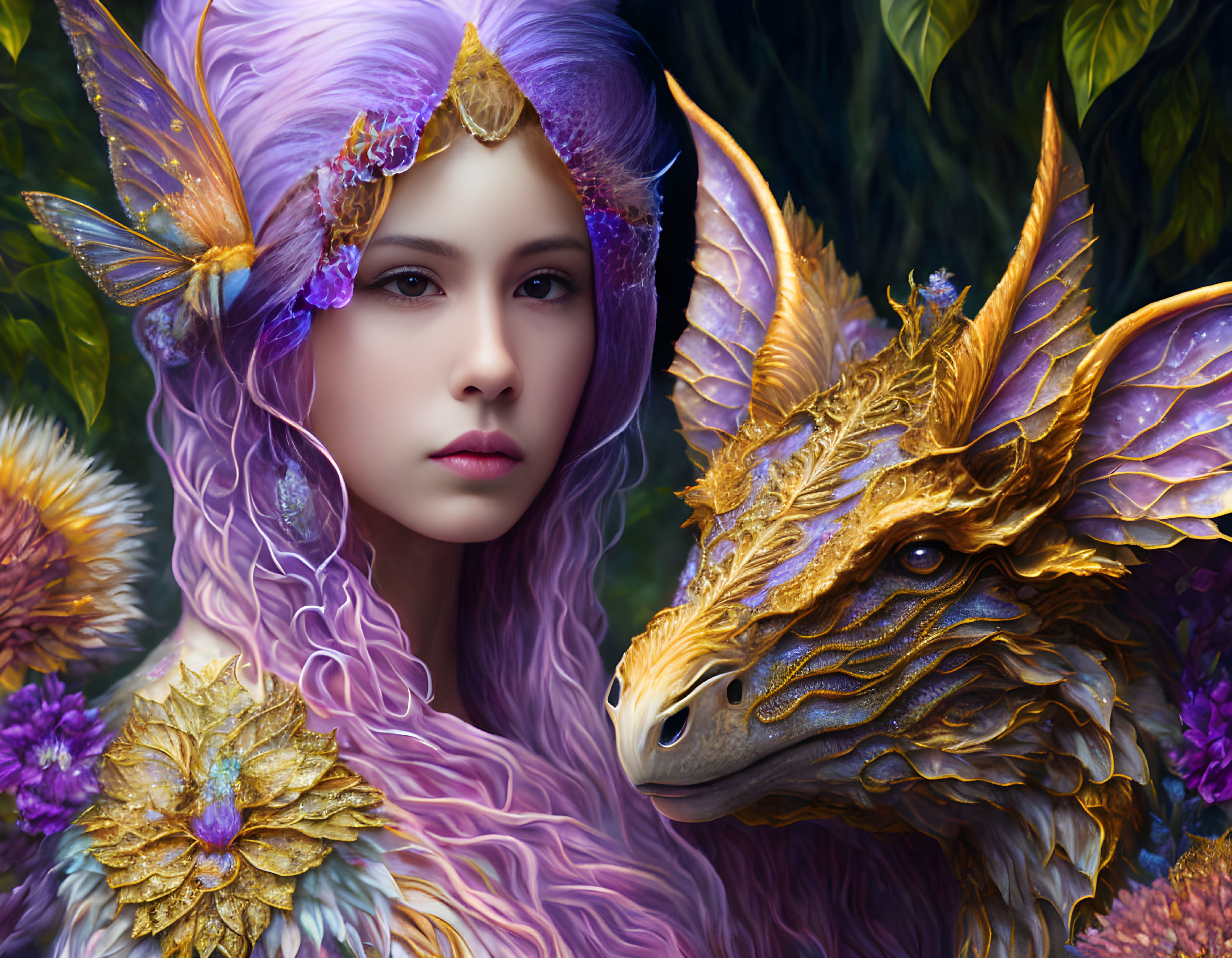 Fantasy Artwork: Young Woman with Purple Hair and Golden Dragon