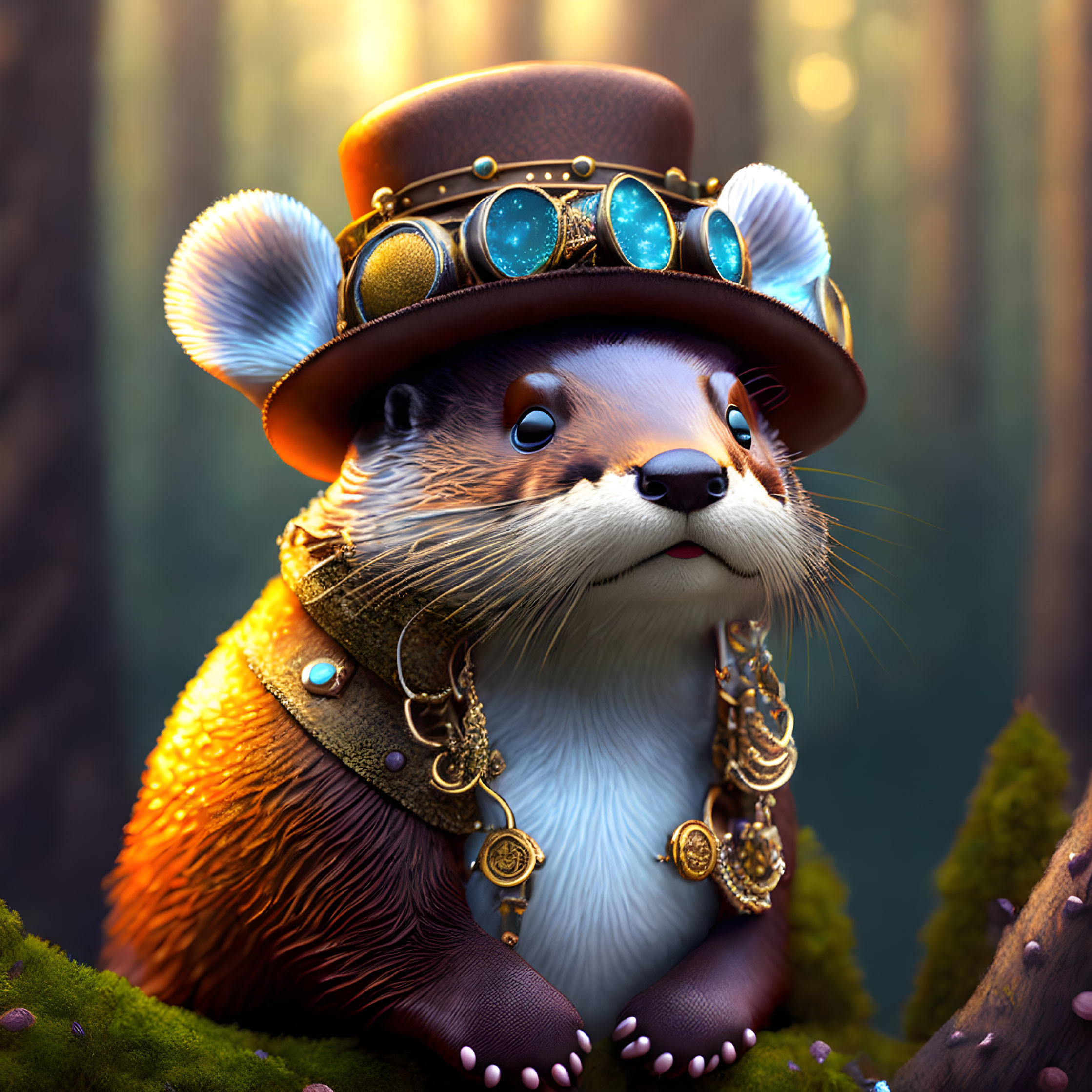 Anthropomorphic otter in steampunk attire in mystical forest