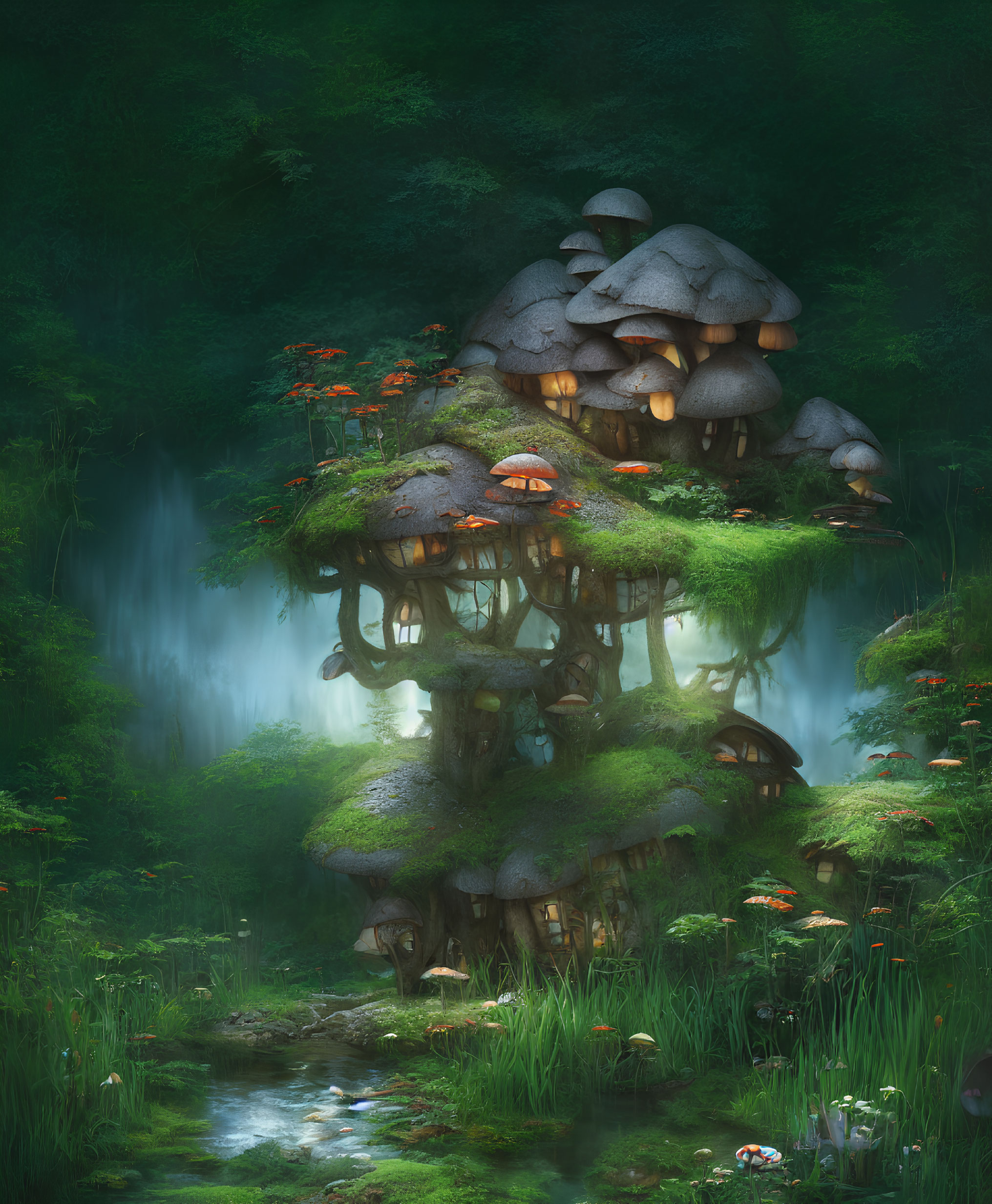 Enchanting multi-tiered mushroom house in lush forest with waterfalls