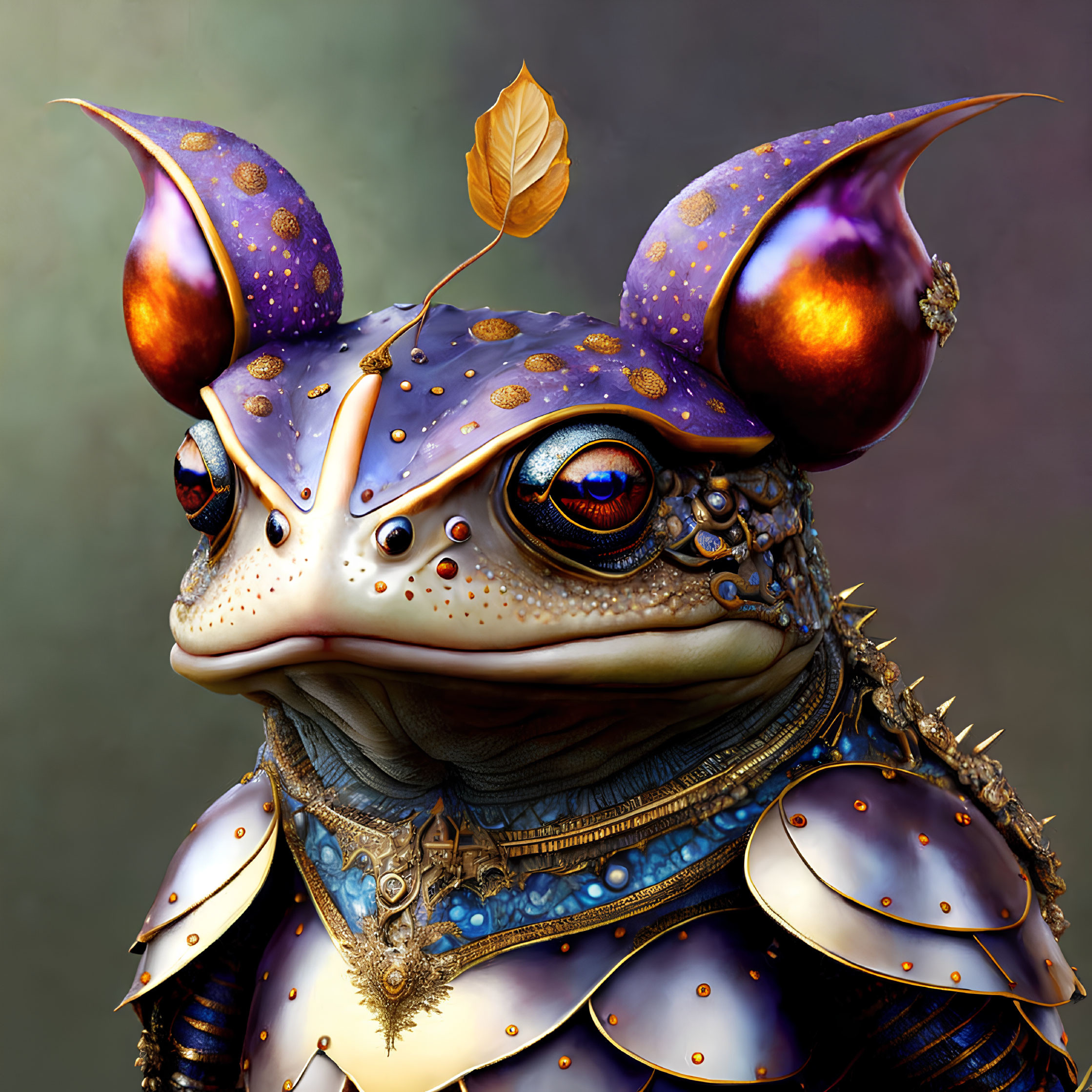 Detailed Fantasy Illustration: Frog in Ornate Armor with Leaf on Head